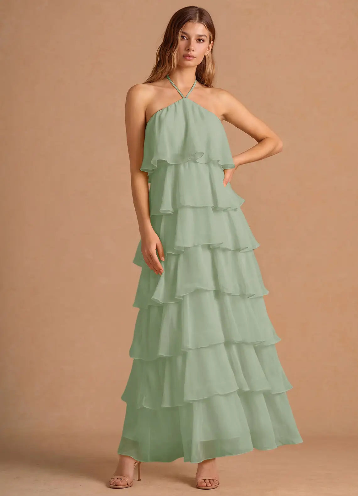 Sage Halter Tie Back Multi Tier Ruffle Chiffon Maxi Wedding Guest Dress