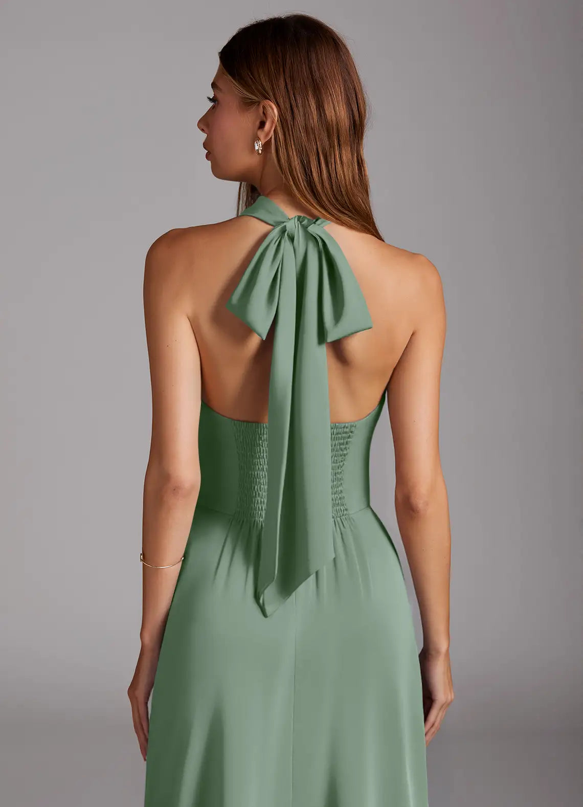Sage Halter Tie Back Smocked High Slit Maxi Satin Bridesmaid Dress