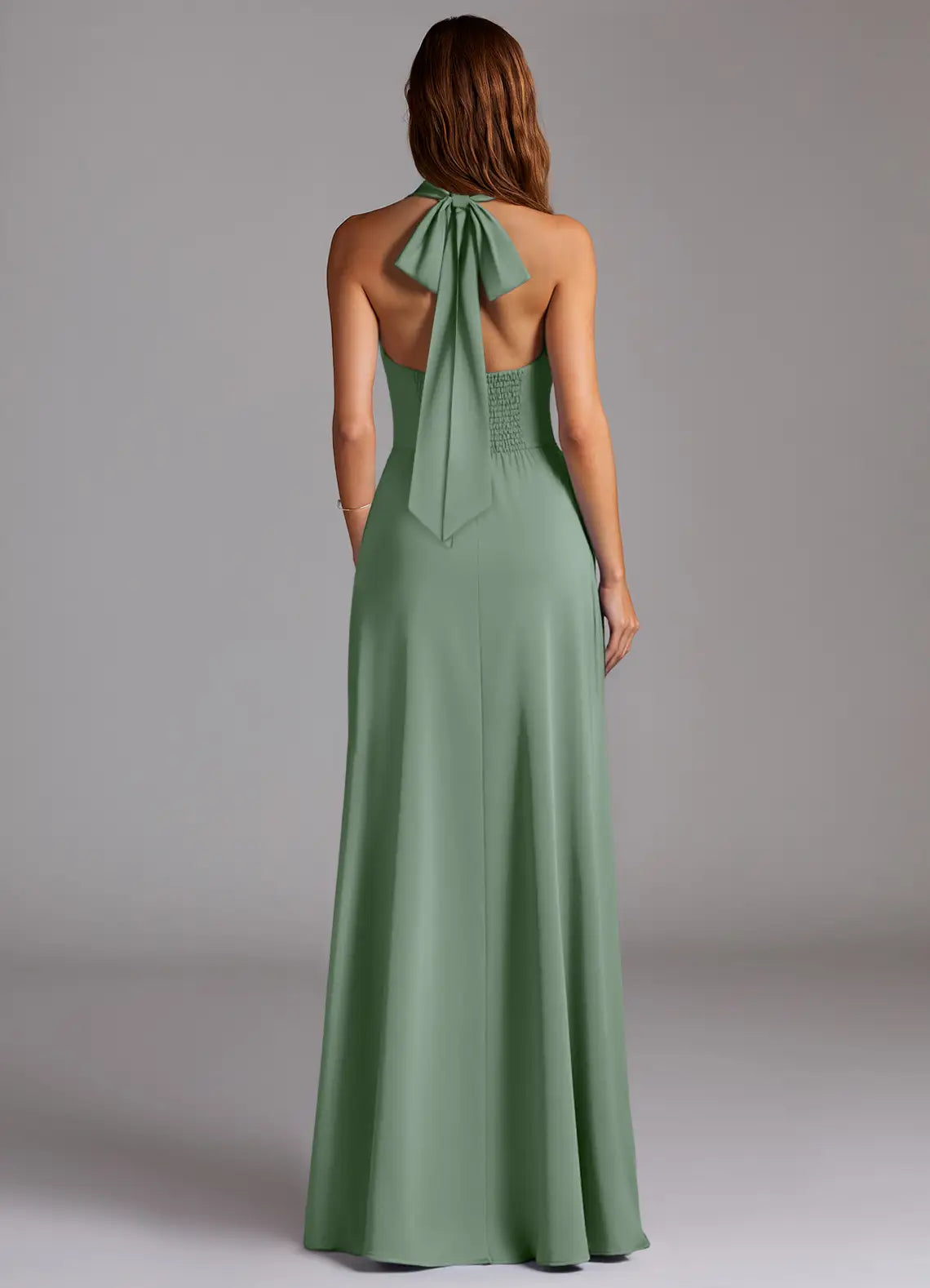 Sage Halter Tie Back Smocked High Slit Maxi Satin Bridesmaid Dress