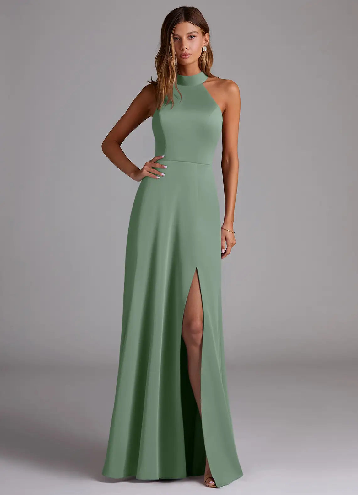 Sage Halter Tie Back Smocked High Slit Maxi Satin Bridesmaid Dress