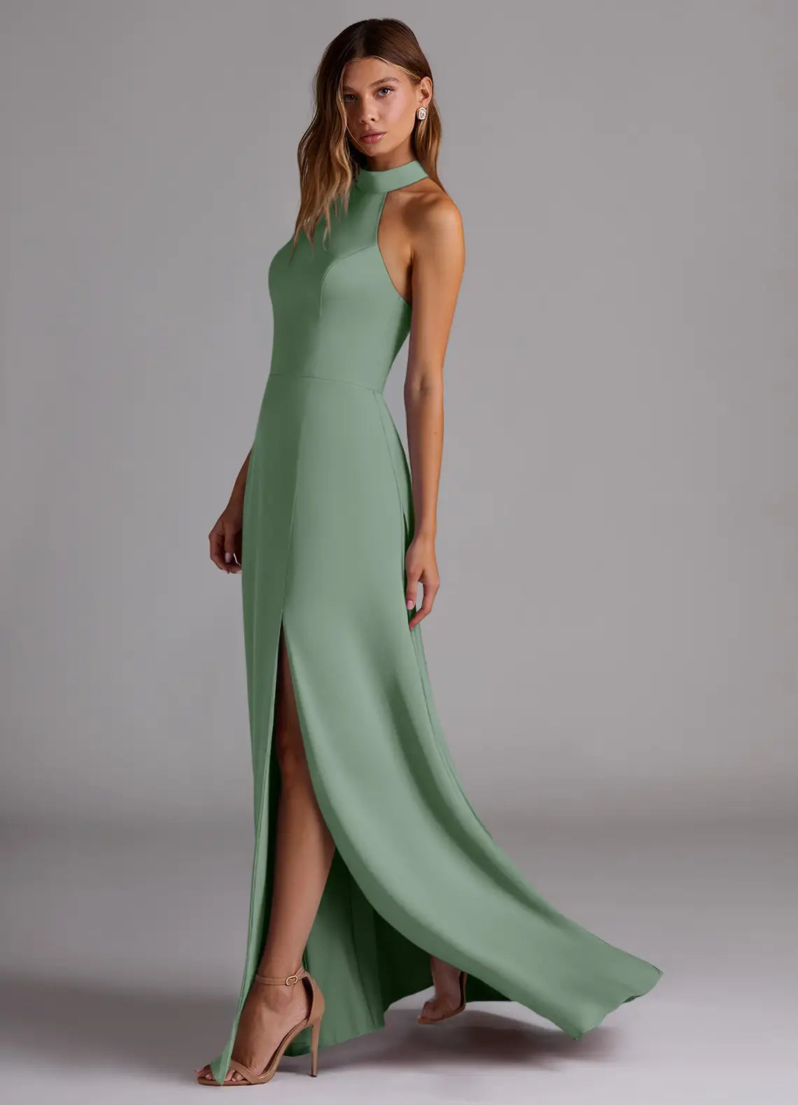 Sage Halter Tie Back Smocked High Slit Maxi Satin Bridesmaid Dress