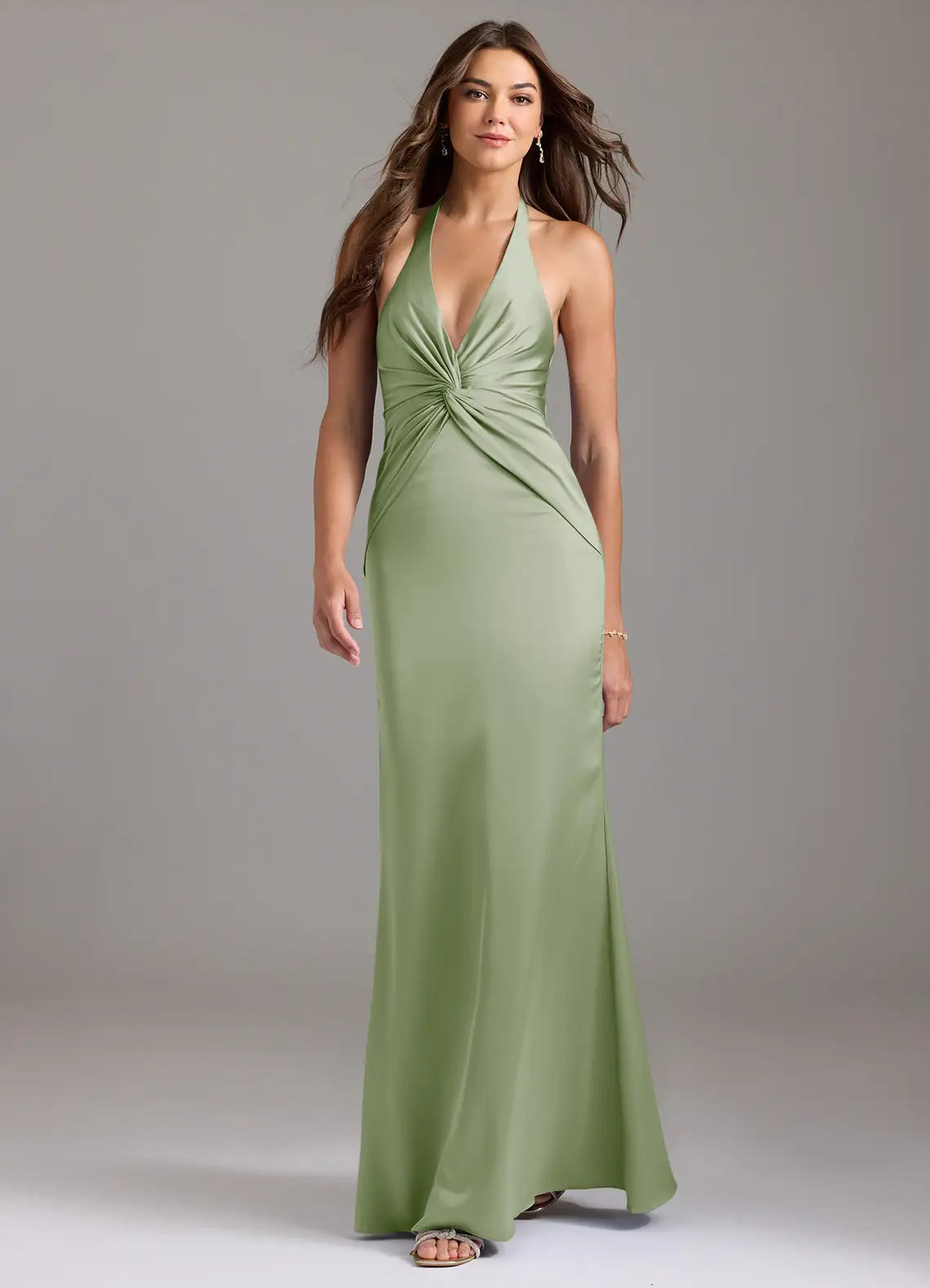 Sage Halter Tie Front Knot Mermaid Satin Maxi Bridesmaid Dress