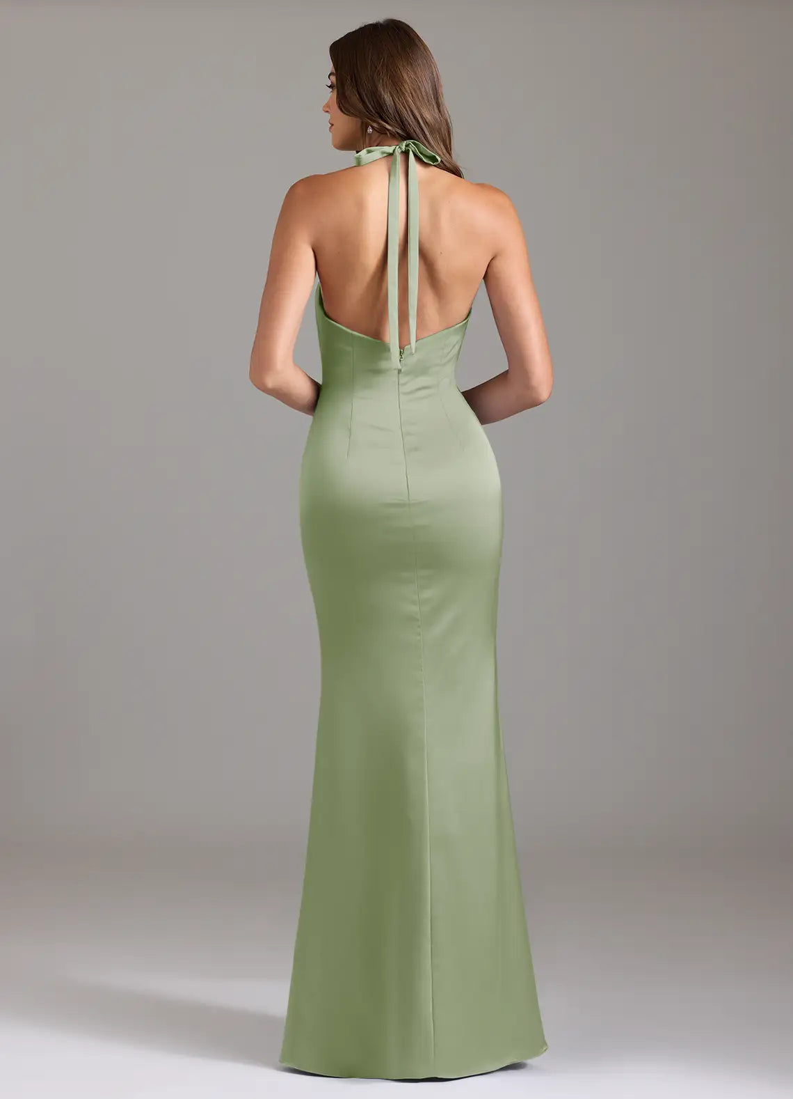 Sage Halter Tie Front Knot Mermaid Satin Maxi Bridesmaid Dress
