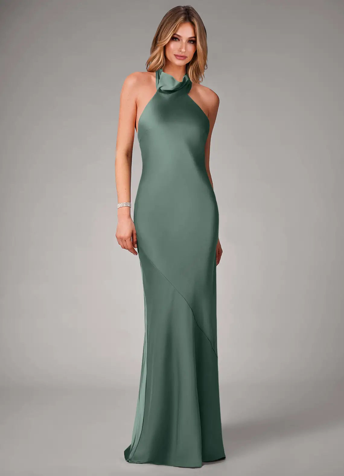 Sage Halter Tie Neck Open Back Mermaid Satin Maxi Bridesmaid Dress