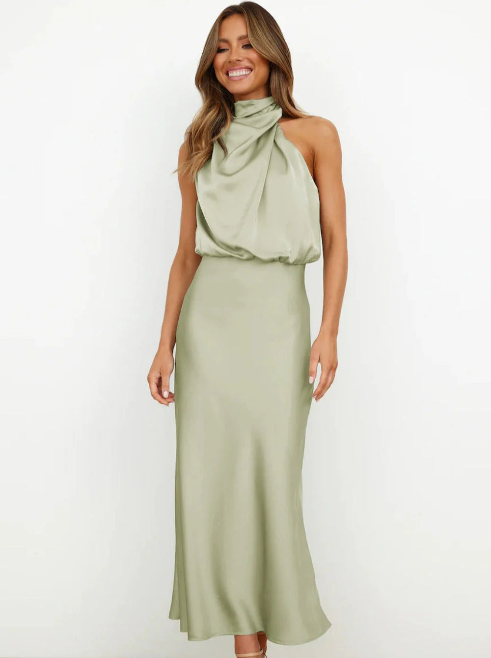 Sage Midi Halter-Neck Sleeveless Flowy Wedding Guest Dress
