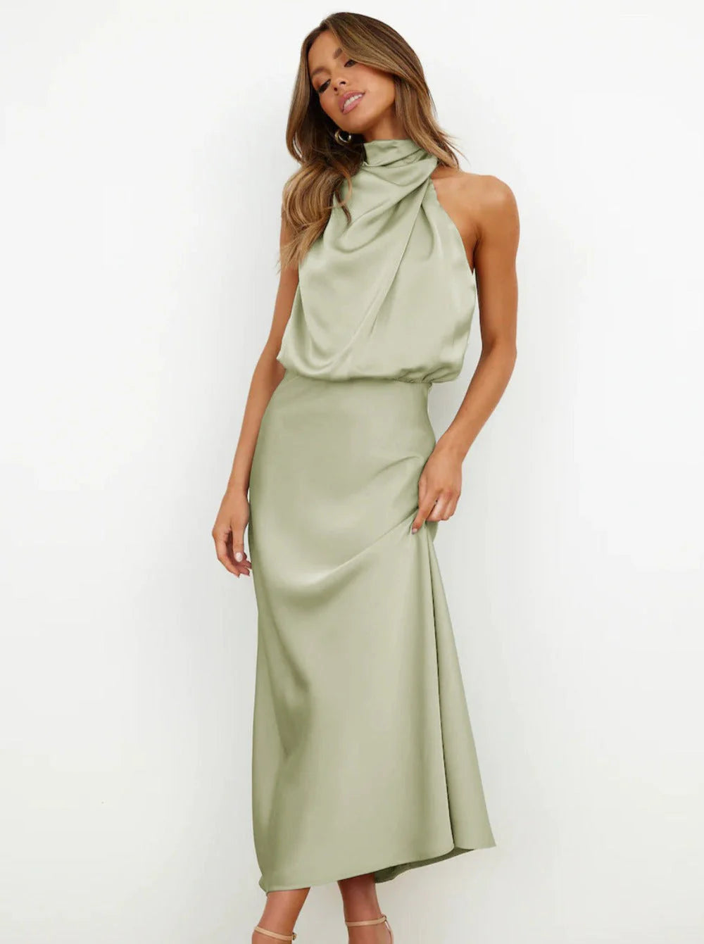 Sage Midi Halter-Neck Sleeveless Flowy Wedding Guest Dress