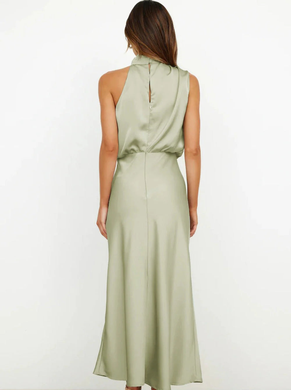 Sage Midi Halter-Neck Sleeveless Flowy Wedding Guest Dress