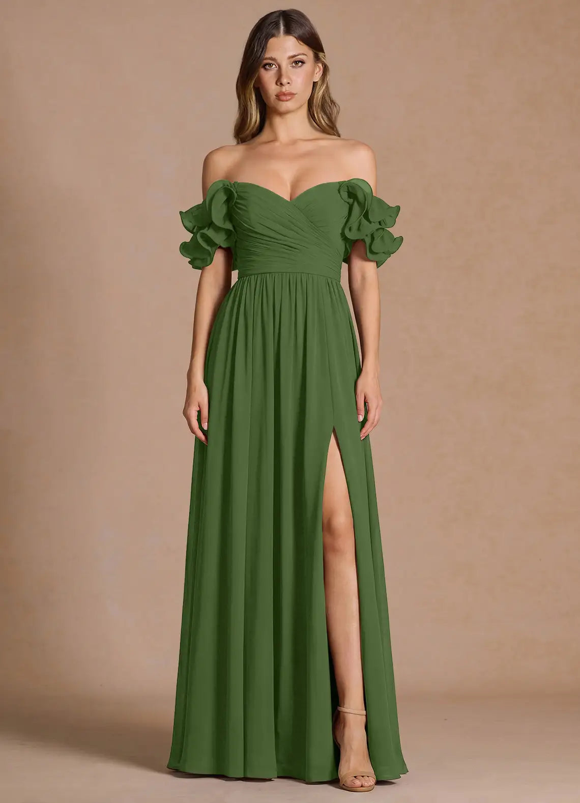 Sage Off Shoulder Ruffle Sweetheart High Slit Chiffon Maxi Bridesmaid Dress