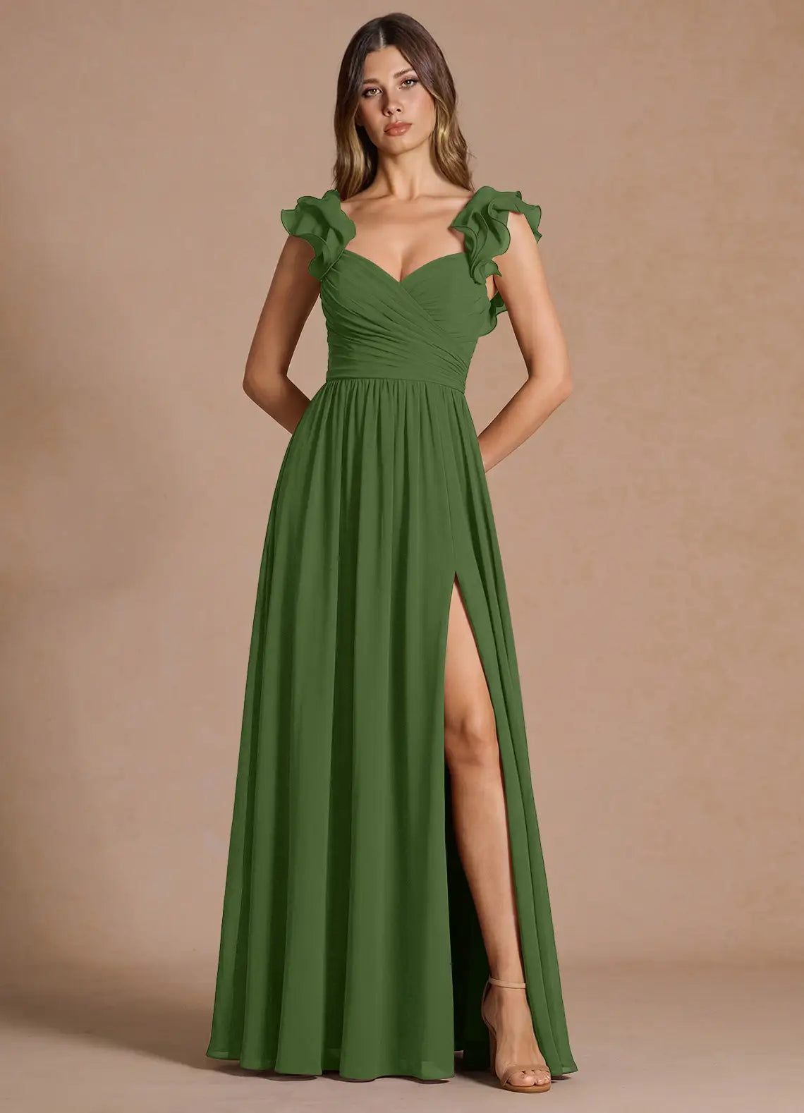 Sage Off Shoulder Ruffle Sweetheart High Slit Chiffon Maxi Bridesmaid Dress