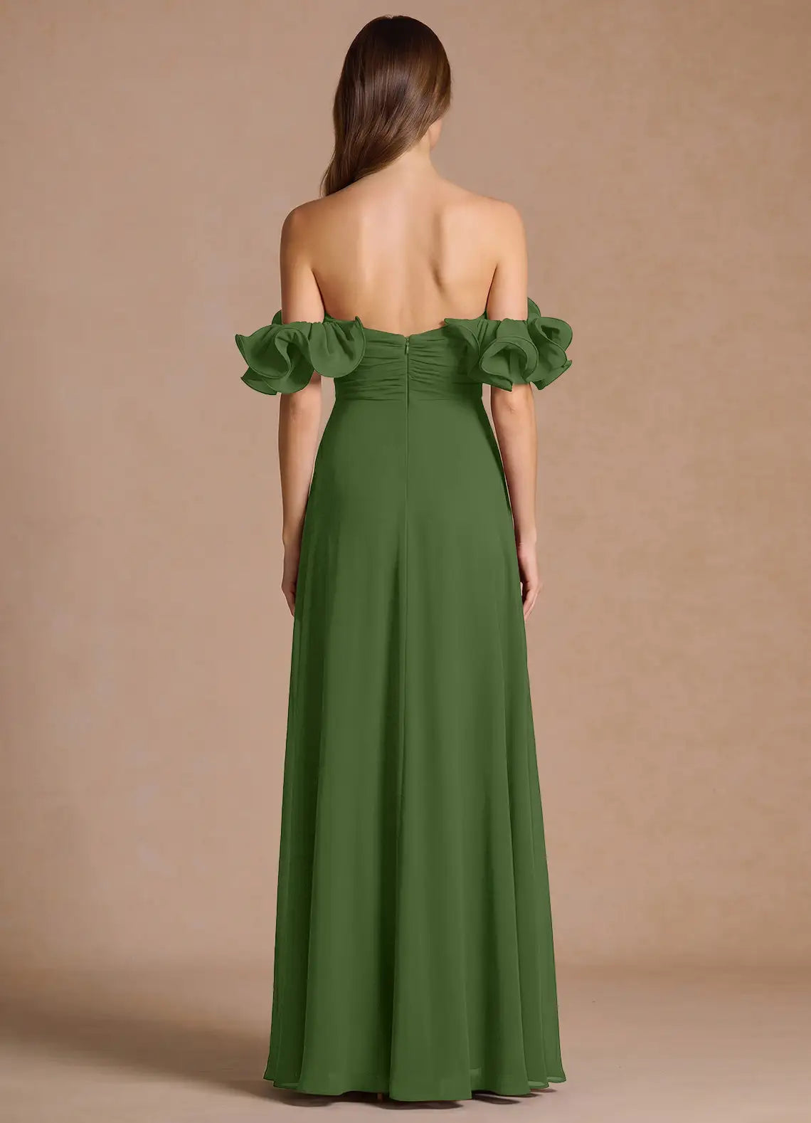 Sage Off Shoulder Ruffle Sweetheart High Slit Chiffon Maxi Bridesmaid Dress