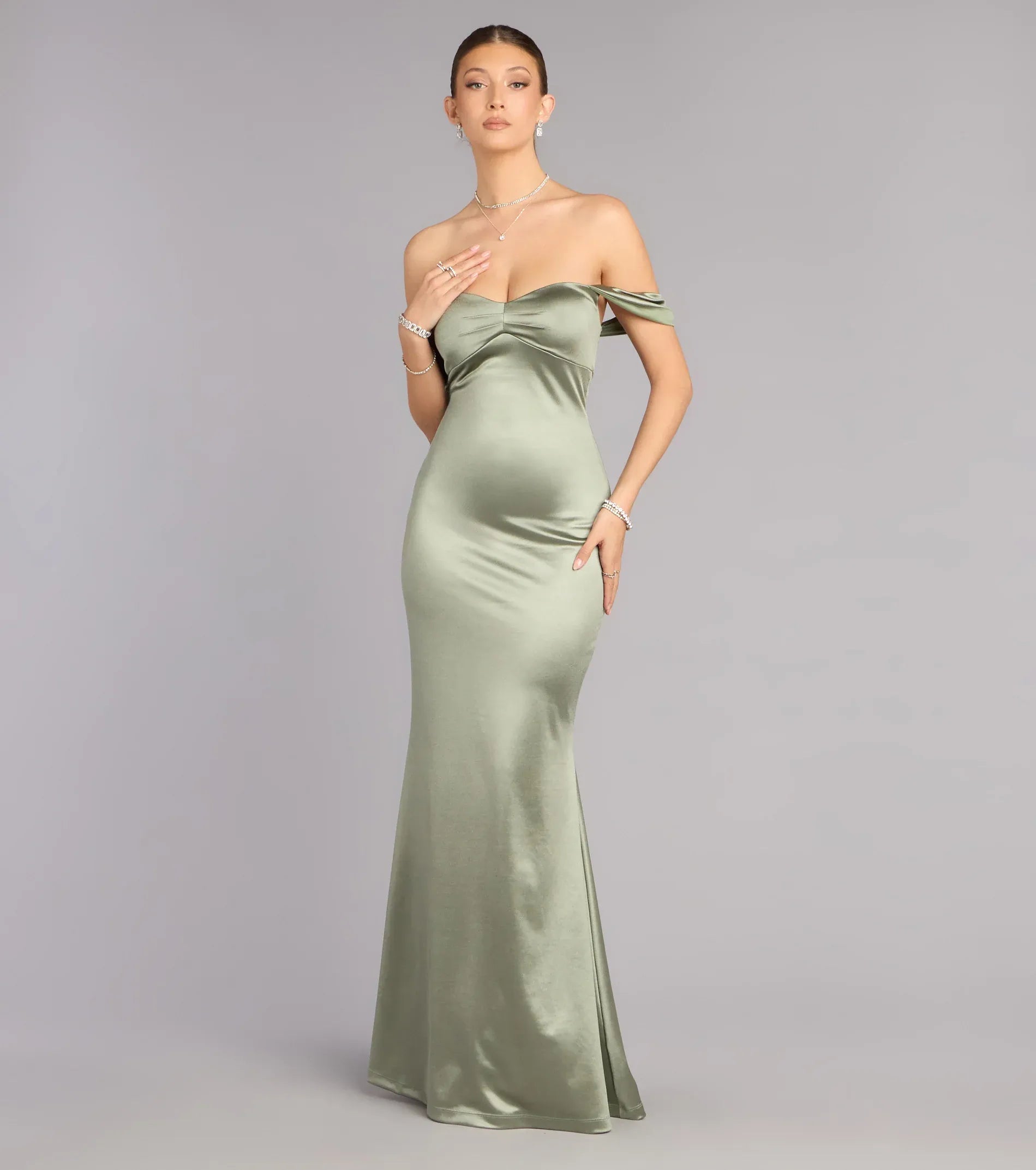 Sage Off Shoulder Sweetheart Plain Mermaid Maxi Bridesmaid Dress