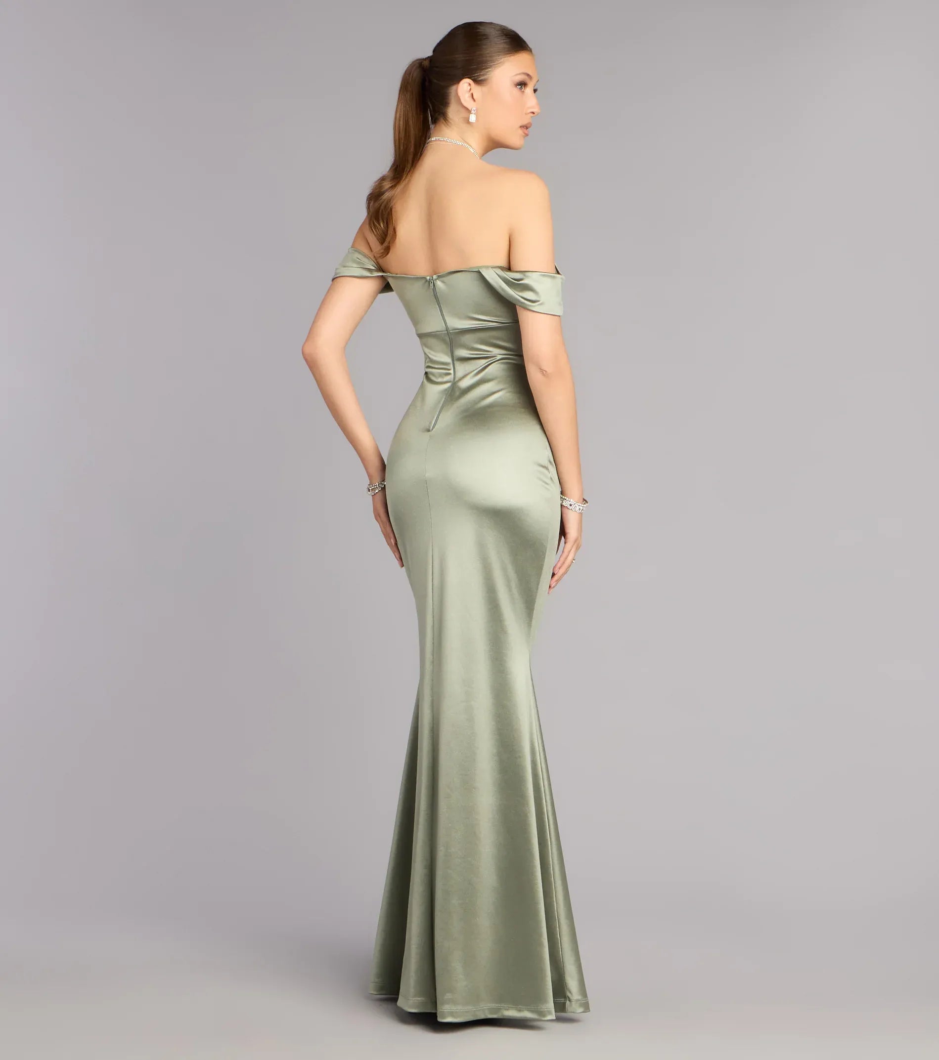 Sage Off Shoulder Sweetheart Plain Mermaid Maxi Bridesmaid Dress