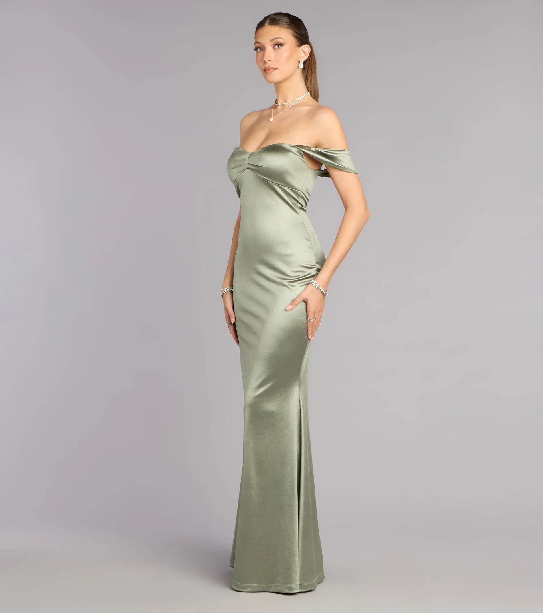 Sage Off Shoulder Sweetheart Plain Mermaid Maxi Bridesmaid Dress