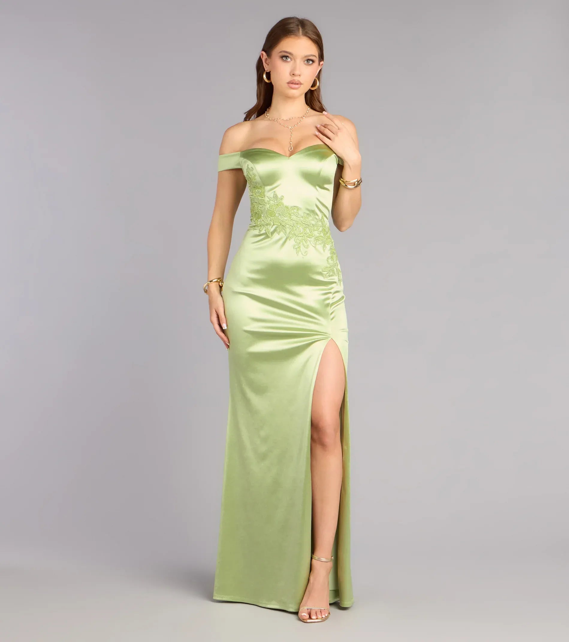 Sage Off-The-Shoulder Floral Lace-Up Back High Slit Satin Mermaid Maxi Wedding Guest Dresses