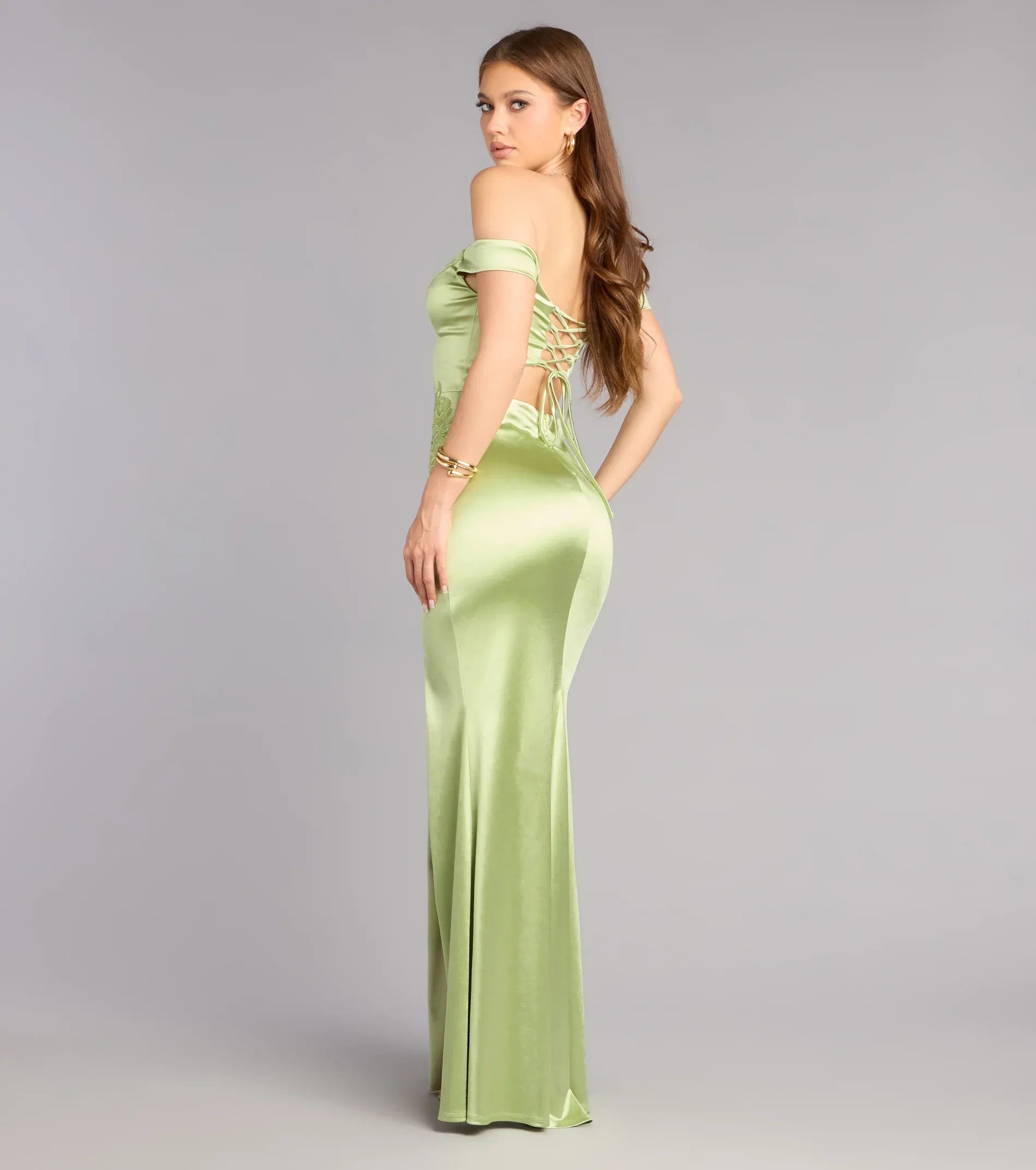 Sage Off-The-Shoulder Floral Lace-Up Back High Slit Satin Mermaid Maxi Wedding Guest Dresses