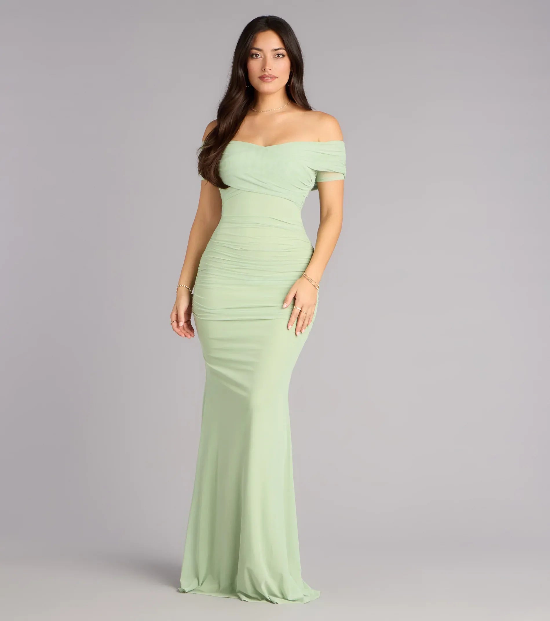 Sage Off The Shoulder Ruched Mermaid Maxi Wedding Guest Dress