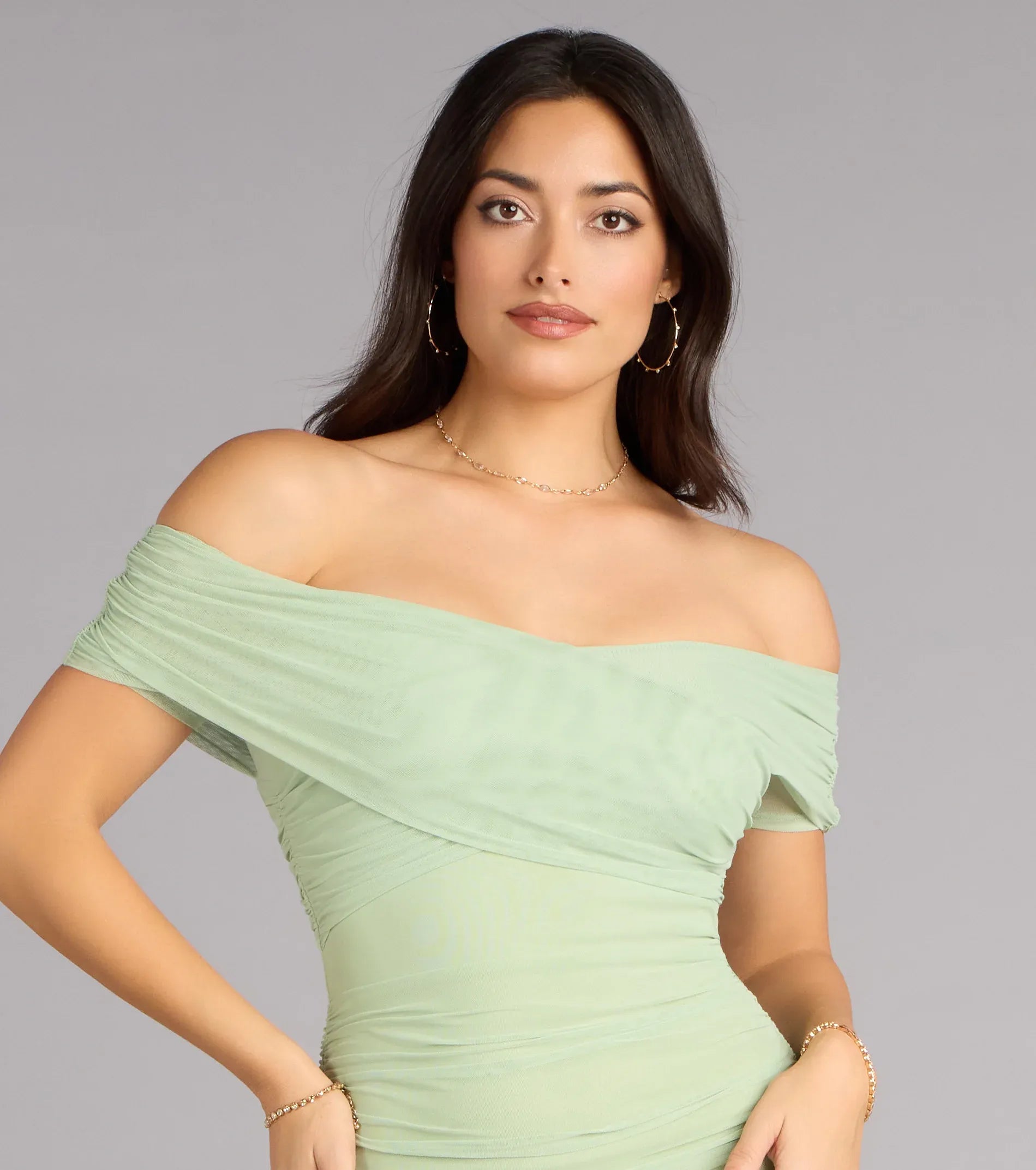 Sage Off The Shoulder Ruched Mermaid Maxi Wedding Guest Dress