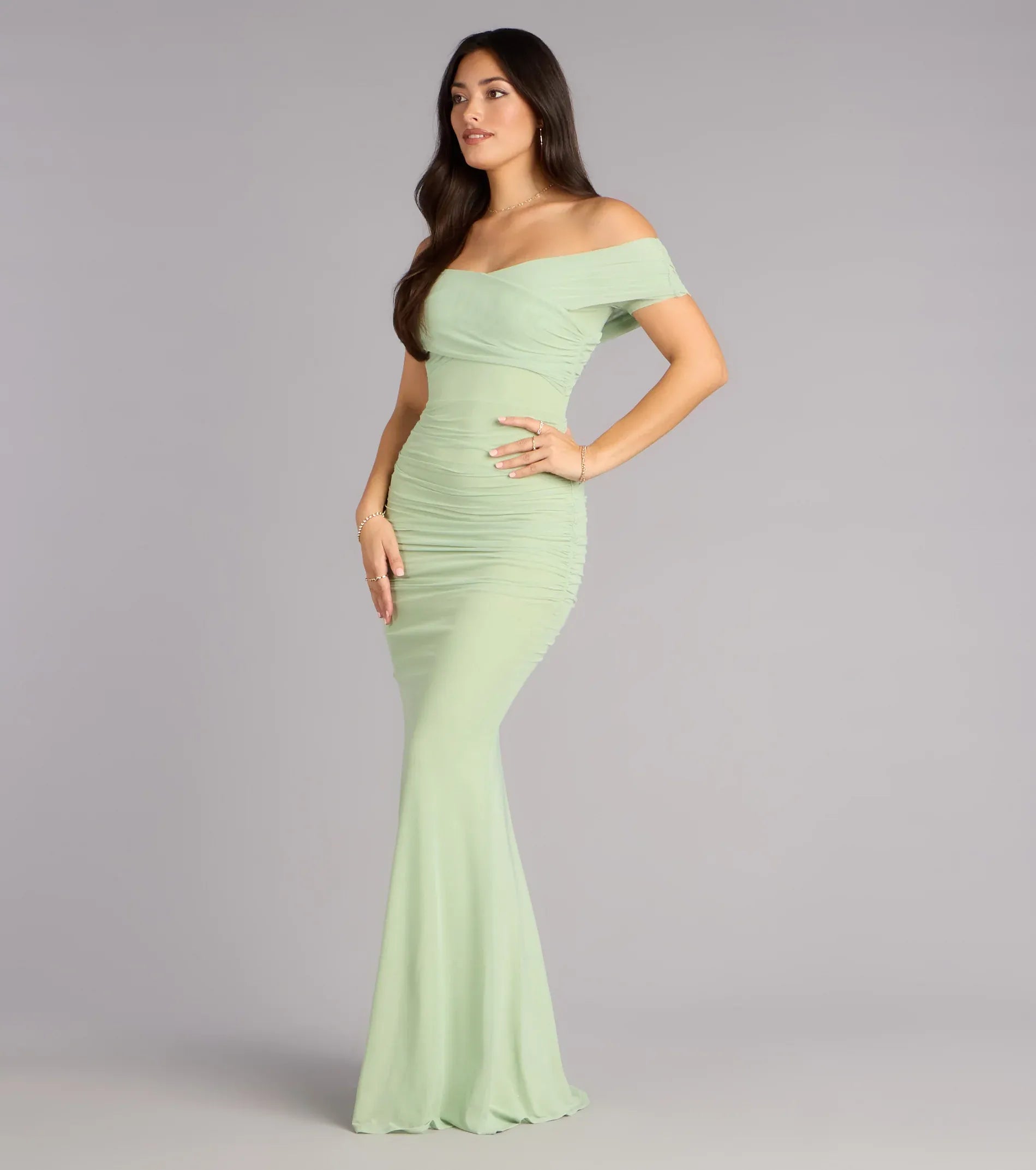 Sage Off The Shoulder Ruched Mermaid Maxi Wedding Guest Dress