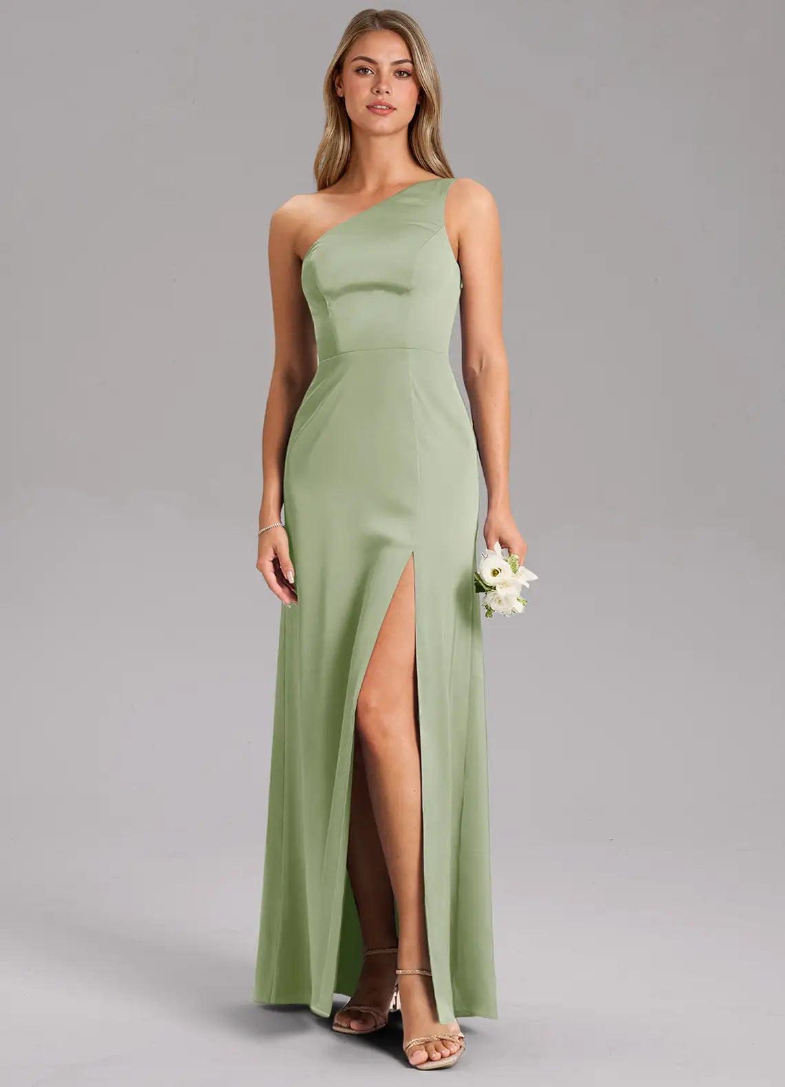 Sage One Shoulder High Slit Straight Maxi Satin Bridesmaid Dress