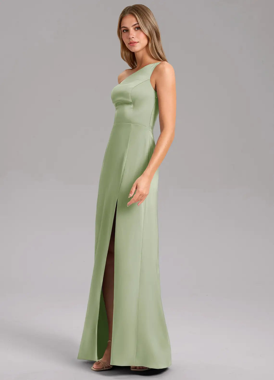 Sage One Shoulder High Slit Straight Maxi Satin Bridesmaid Dress