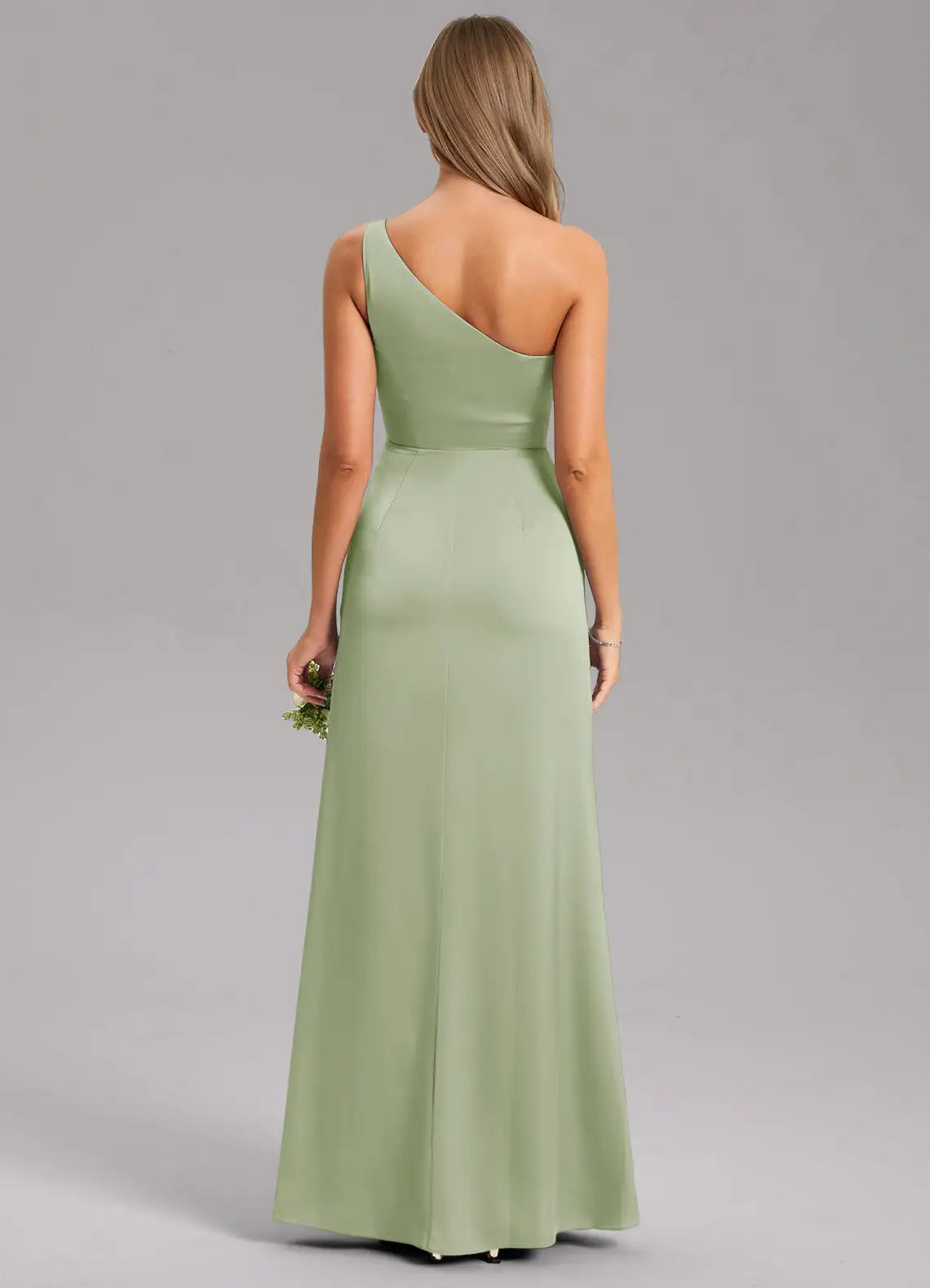 Sage One Shoulder High Slit Straight Maxi Satin Bridesmaid Dress