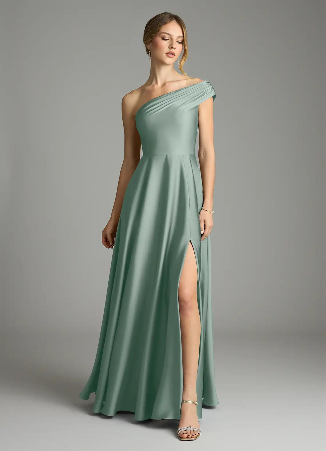 Sage One Shoulder Pleated High Slit A Line Satin Maxi Bridesmaid Dress