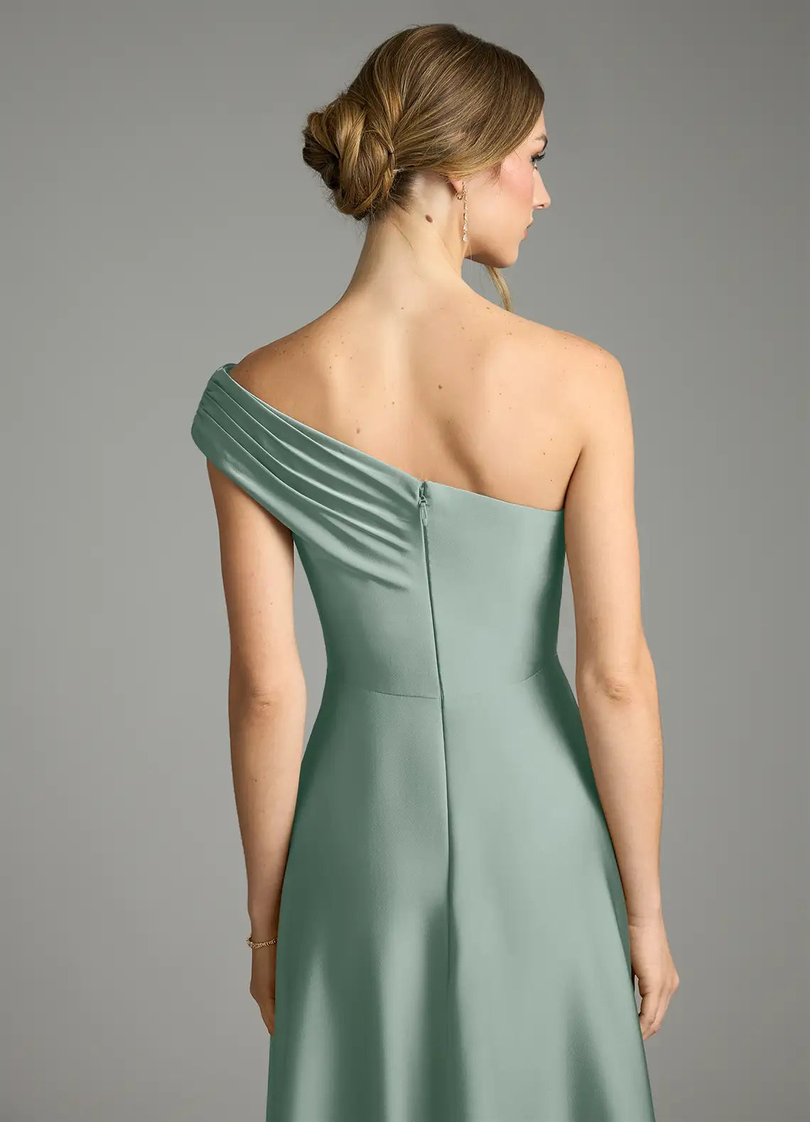 Sage One Shoulder Pleated High Slit A Line Satin Maxi Bridesmaid Dress