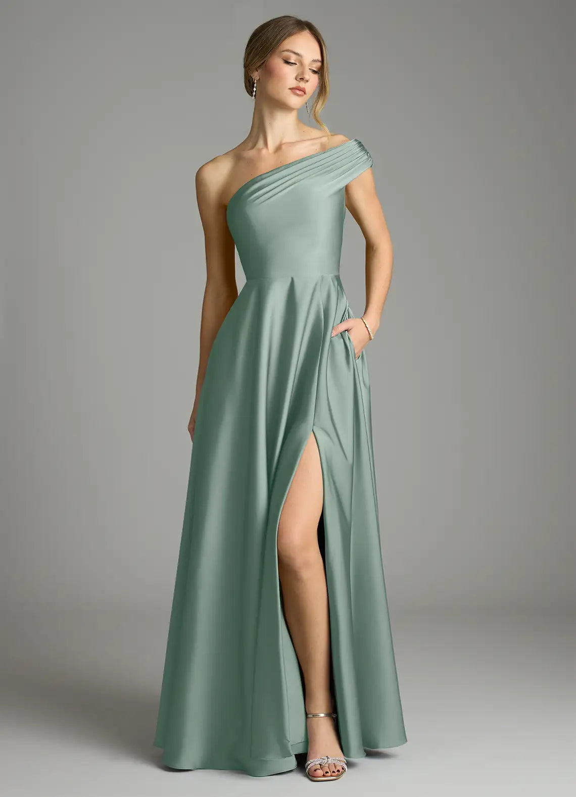 Sage One Shoulder Pleated High Slit A Line Satin Maxi Bridesmaid Dress