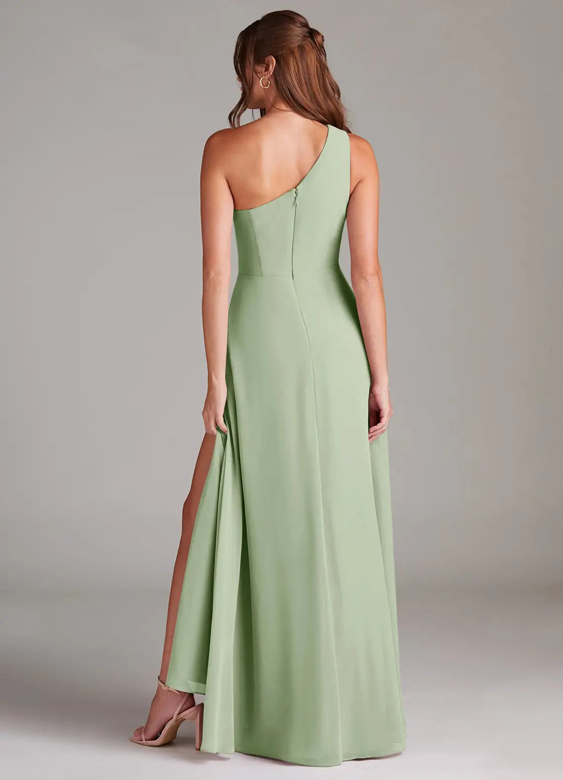 Sage One Shoulder Twist Knot High Slit Chiffon Maxi Bridesmaid Dress