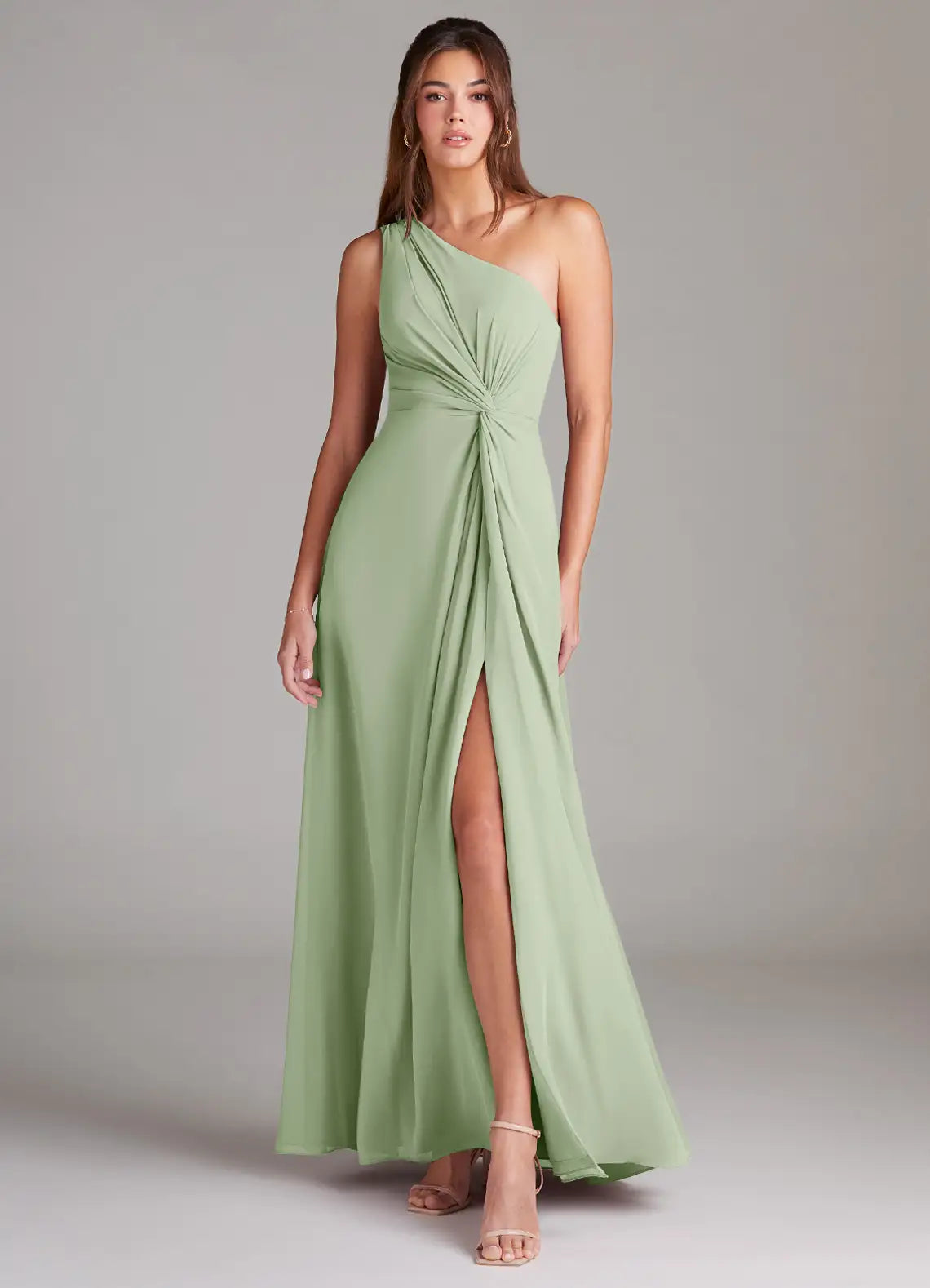 Sage One Shoulder Twist Knot High Slit Chiffon Maxi Bridesmaid Dress