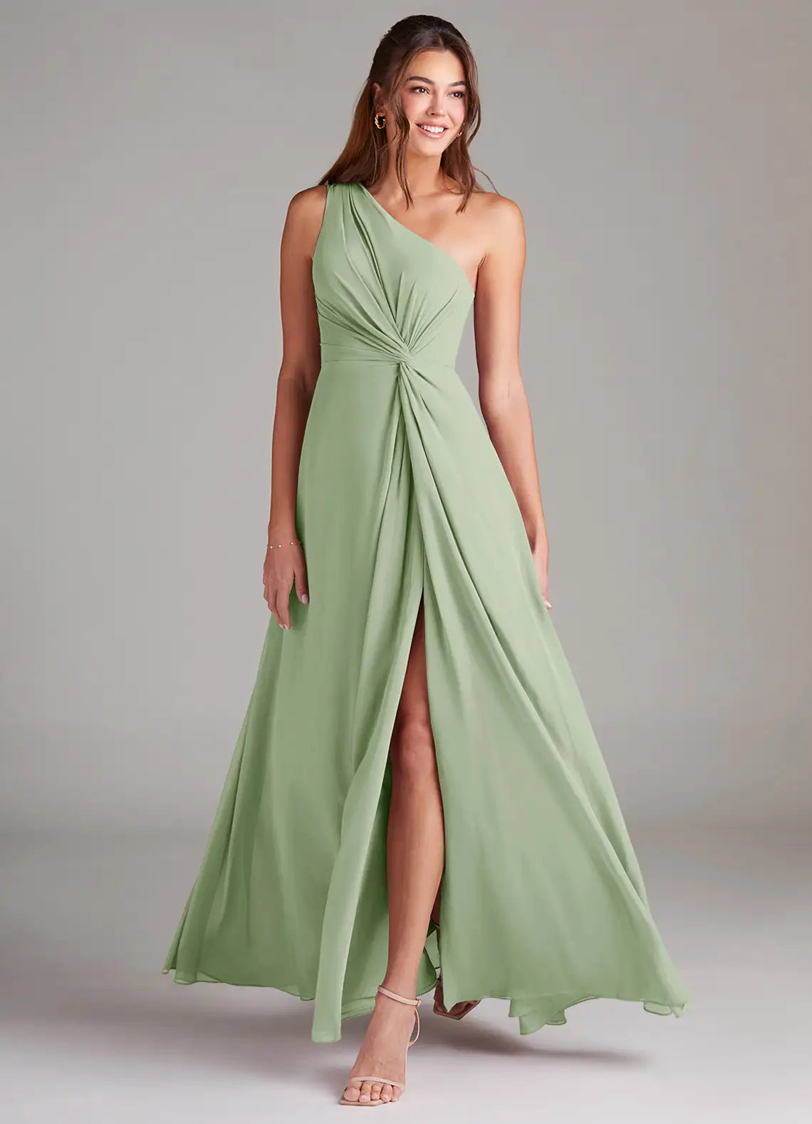 Sage One Shoulder Twist Knot High Slit Chiffon Maxi Bridesmaid Dress