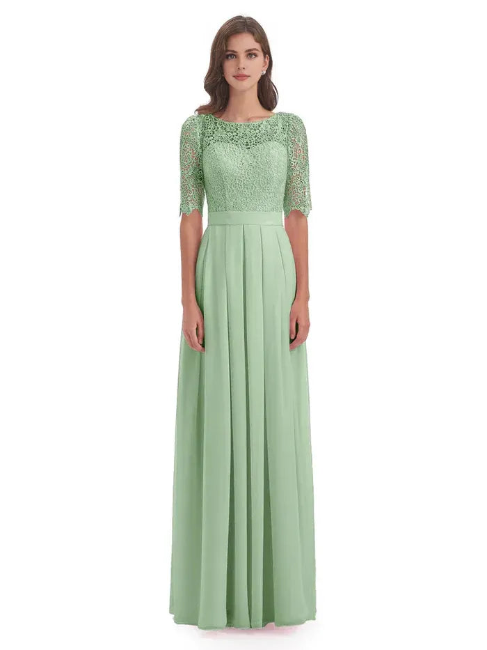 Sage Round Neck Lace Half Sleeve Empire Waist Floor Length A Line Chiffon Bridesmaid Dress