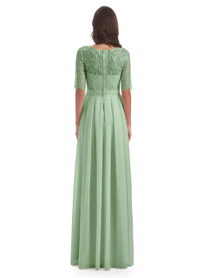Sage Round Neck Lace Half Sleeve Empire Waist Floor Length A Line Chiffon Bridesmaid Dress