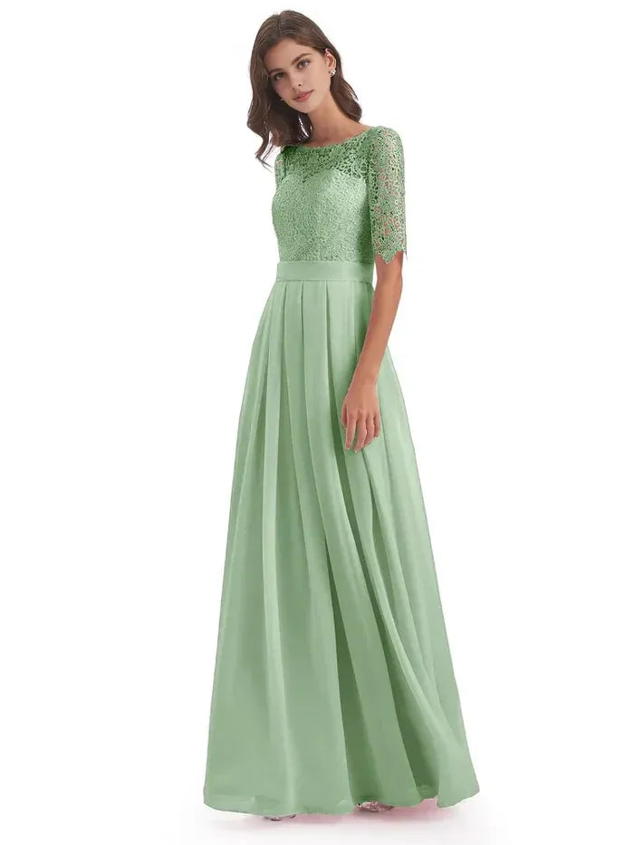 Sage Round Neck Lace Half Sleeve Empire Waist Floor Length A Line Chiffon Bridesmaid Dress
