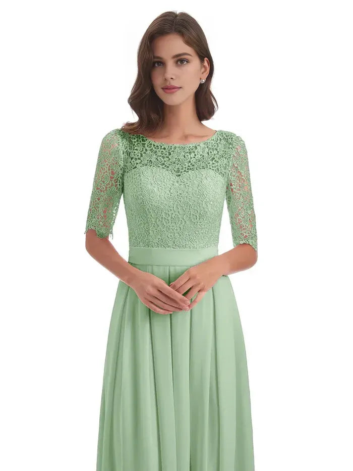 Sage Round Neck Lace Half Sleeve Empire Waist Floor Length A Line Chiffon Bridesmaid Dress