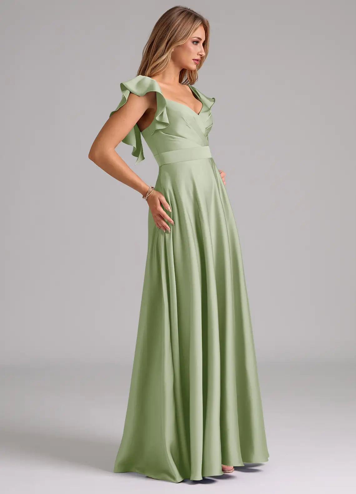 Sage Ruffle Cap Sleeve Sweetheart Waist Sash A Line Satin Maxi Bridesmaid Dress
