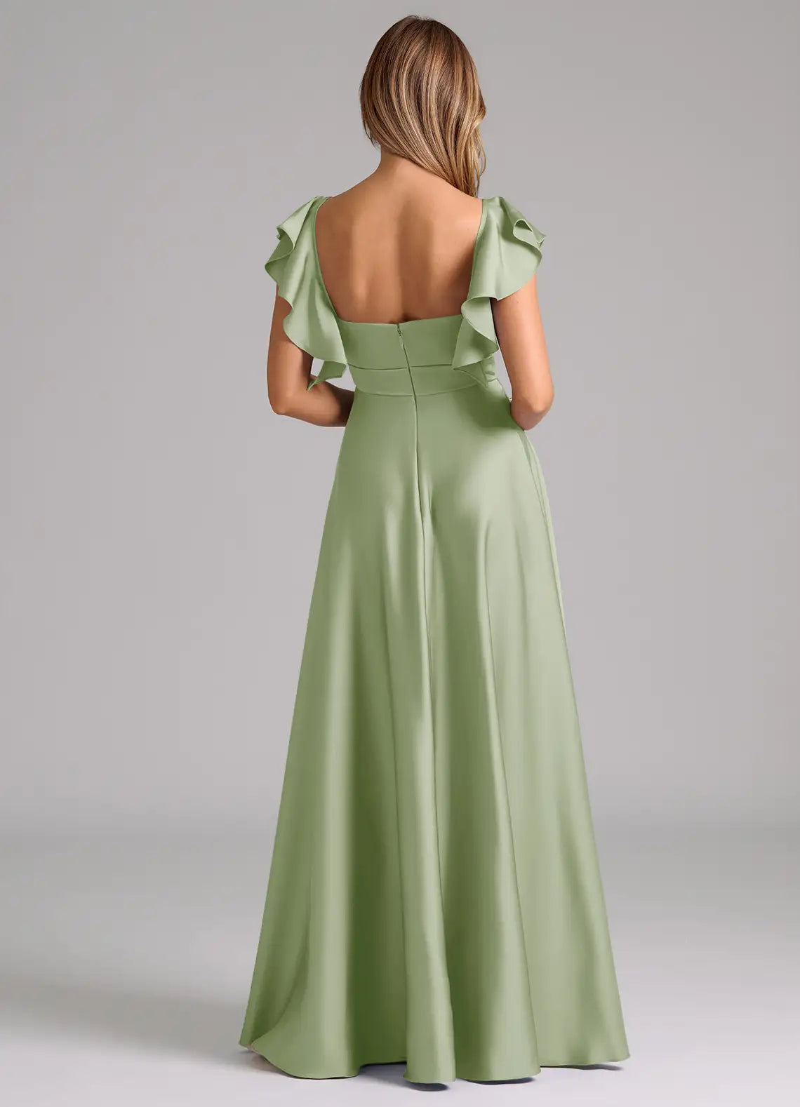 Sage Ruffle Cap Sleeve Sweetheart Waist Sash A Line Satin Maxi Bridesmaid Dress
