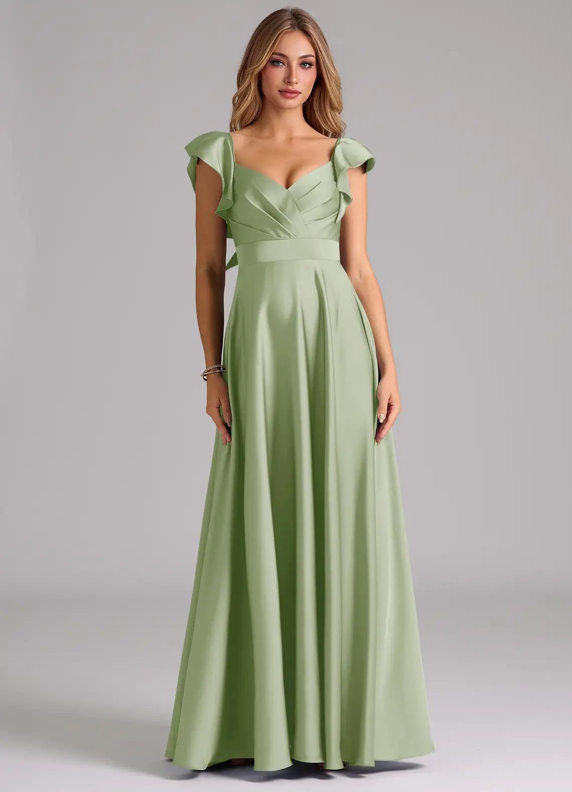 Sage Ruffle Cap Sleeve Sweetheart Waist Sash A Line Satin Maxi Bridesmaid Dress