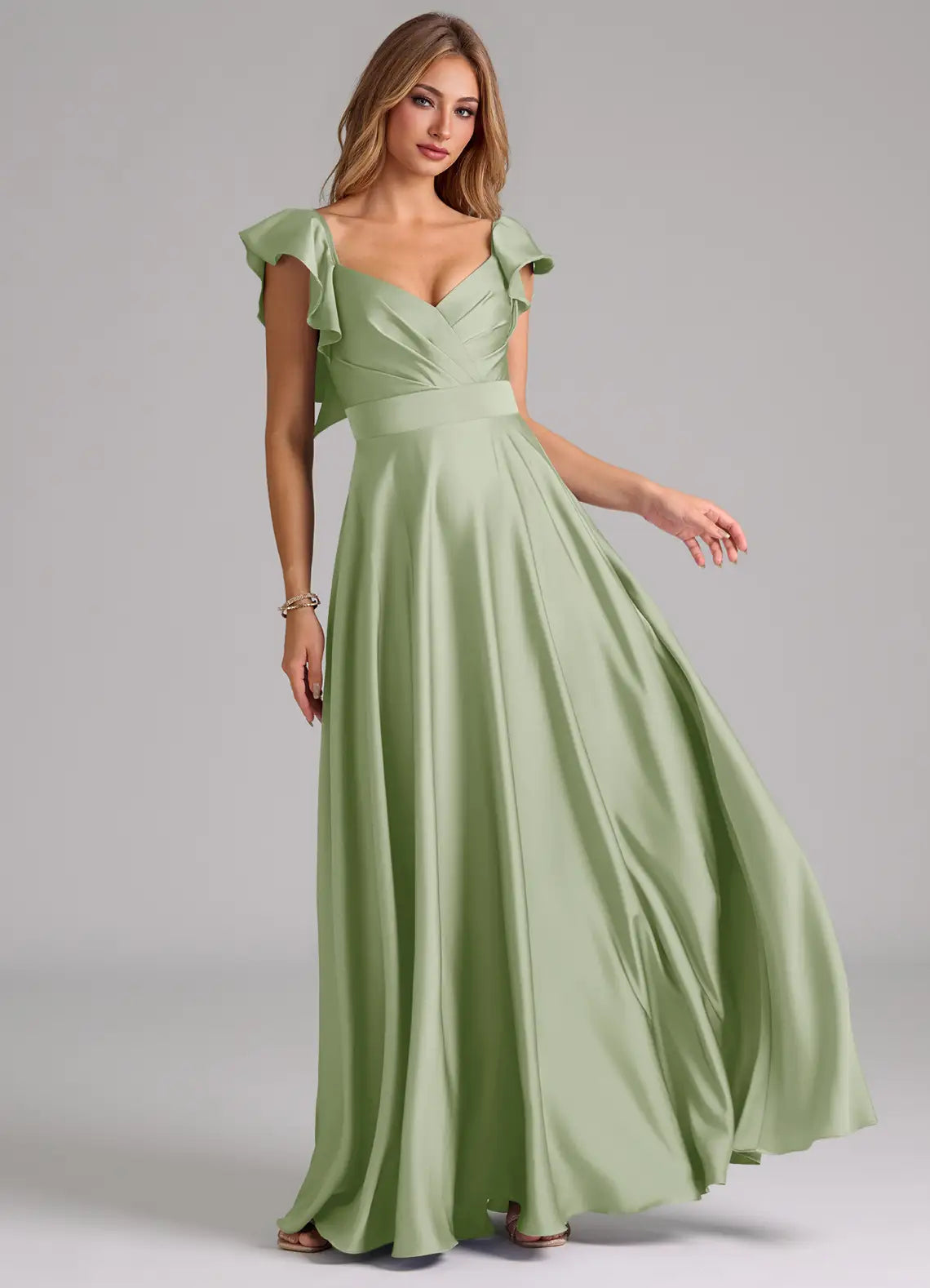 Sage Ruffle Cap Sleeve Sweetheart Waist Sash A Line Satin Maxi Bridesmaid Dress