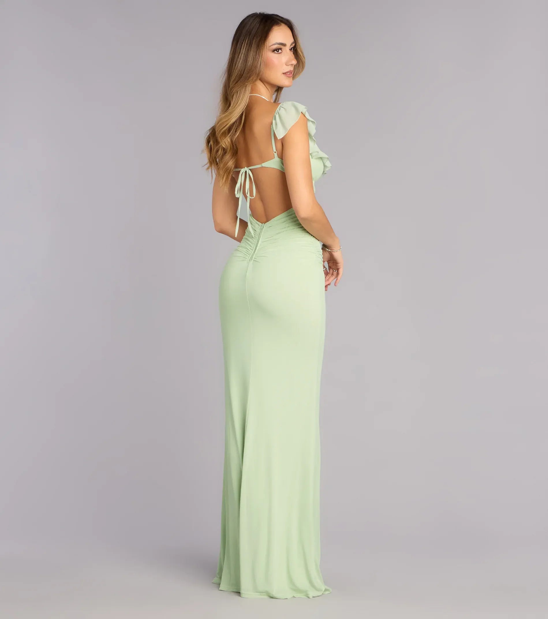 Sage Ruffle Cap Sleeve Tie Back Ruched Mermaid Maxi Wedding Guest Dress