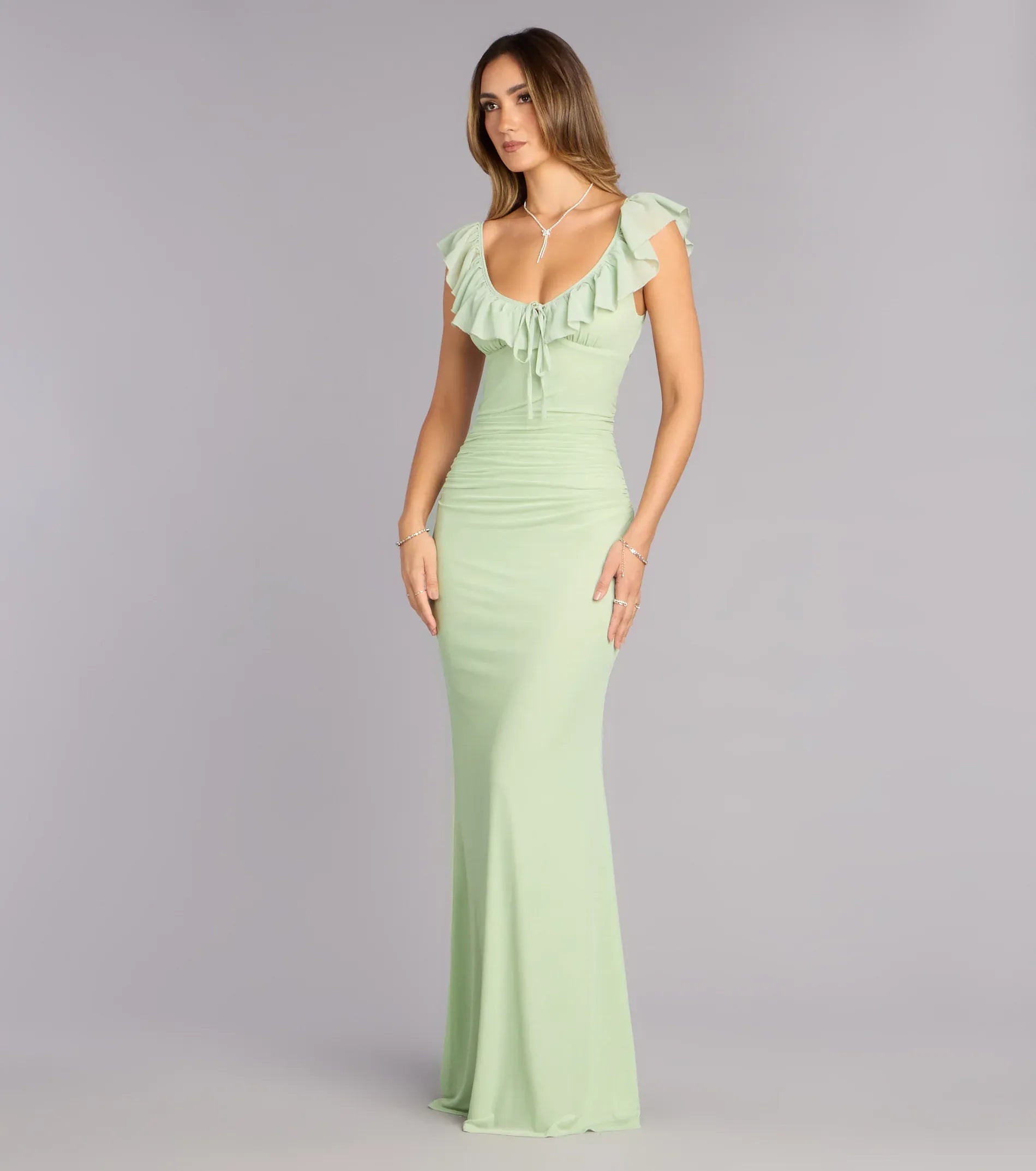 Sage Ruffle Cap Sleeve Tie Back Ruched Mermaid Maxi Wedding Guest Dress
