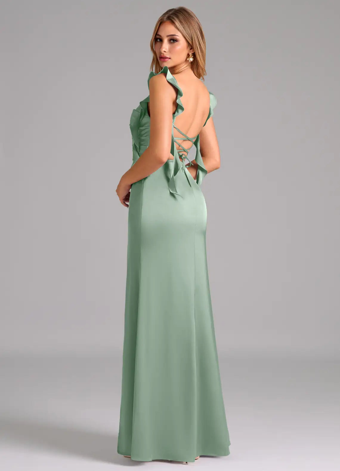 Sage Ruffle Spaghetti Strap Sweetheart Corset Lace Up High Slit Satin Maxi Bridesmaid Dress