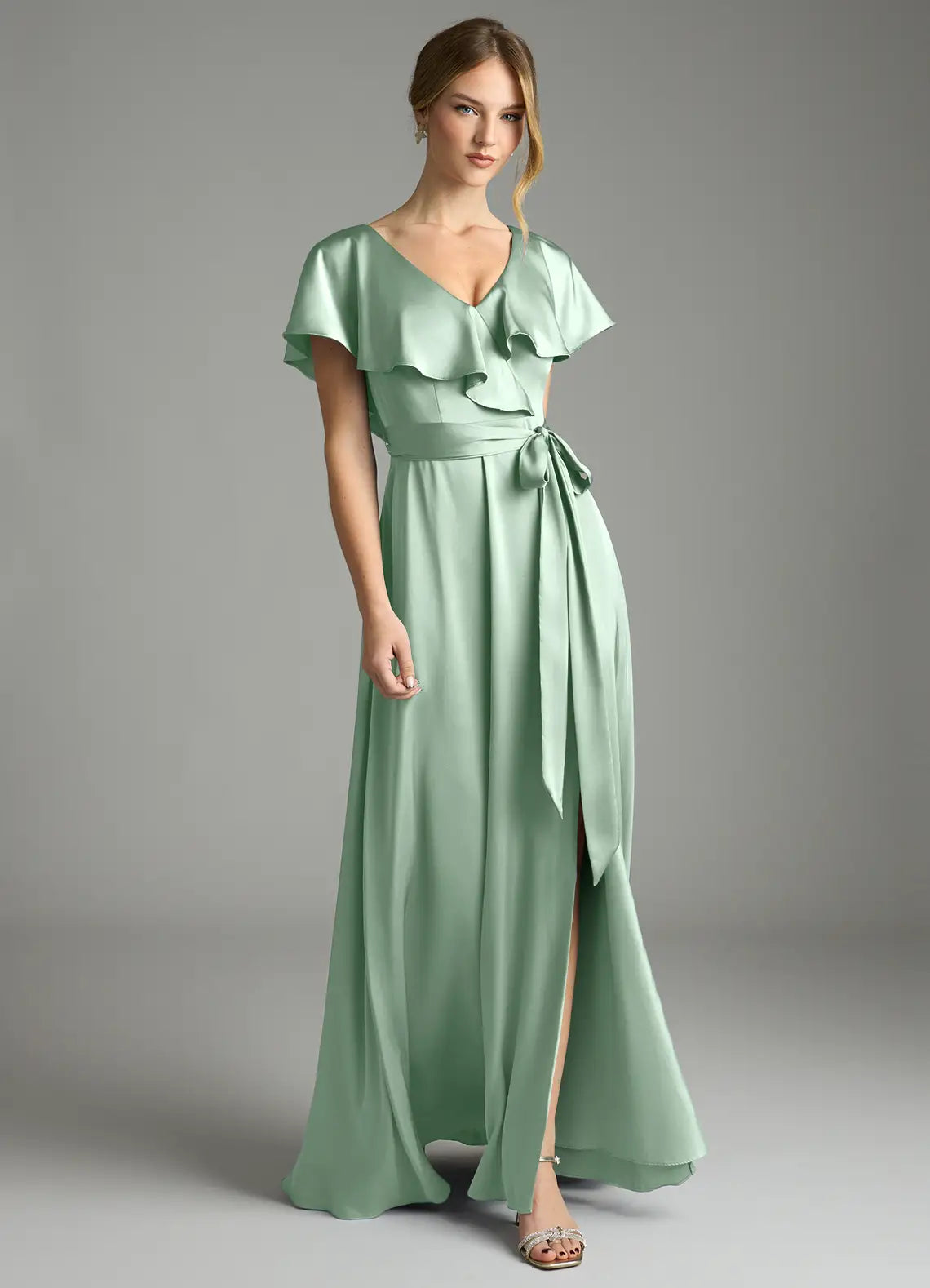 Sage Ruffle Wrap V Neck Sash Tie High Slit Low V Back Maxi Satin Bridesmaid Dress