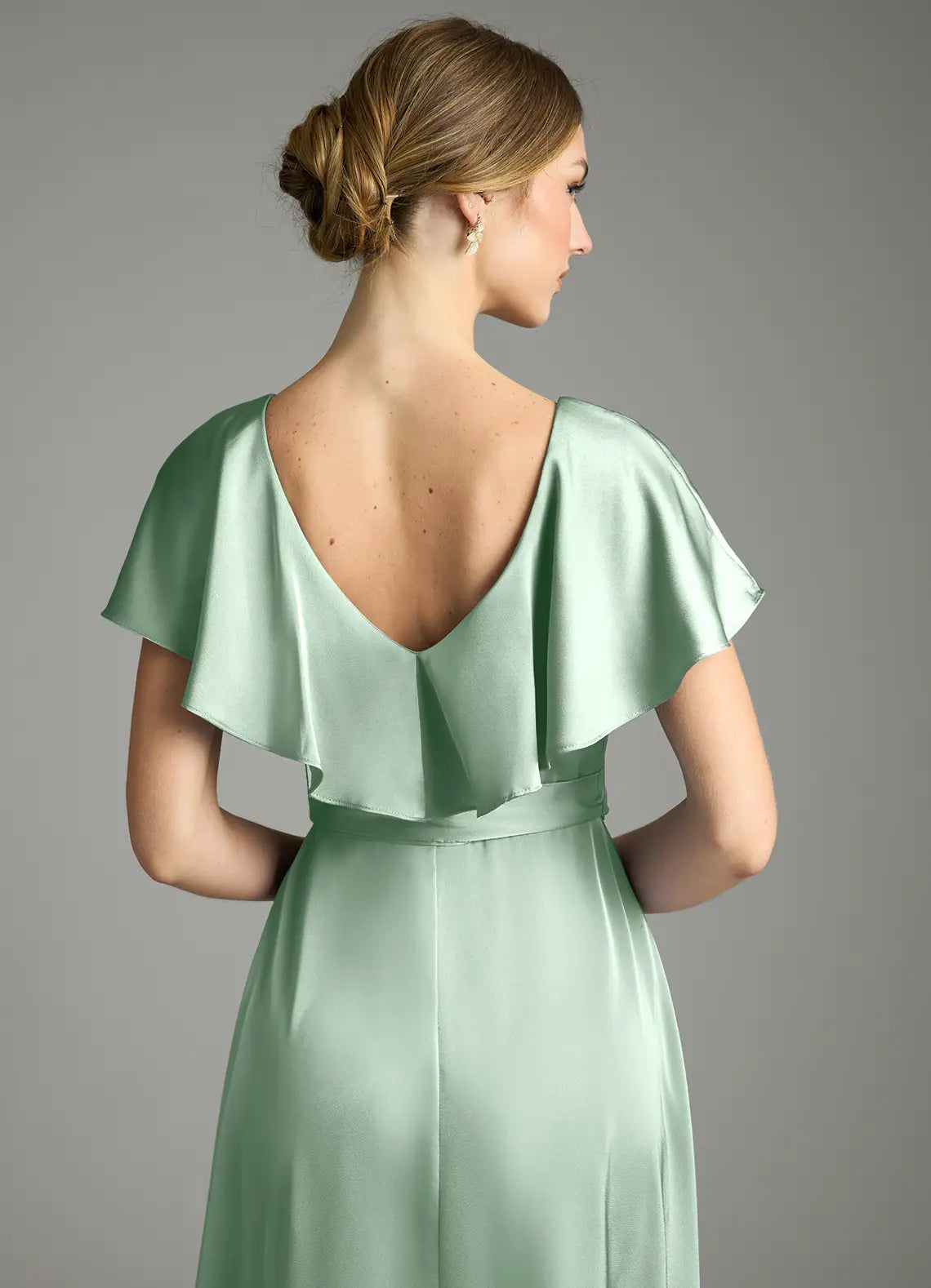 Sage Ruffle Wrap V Neck Sash Tie High Slit Low V Back Maxi Satin Bridesmaid Dress