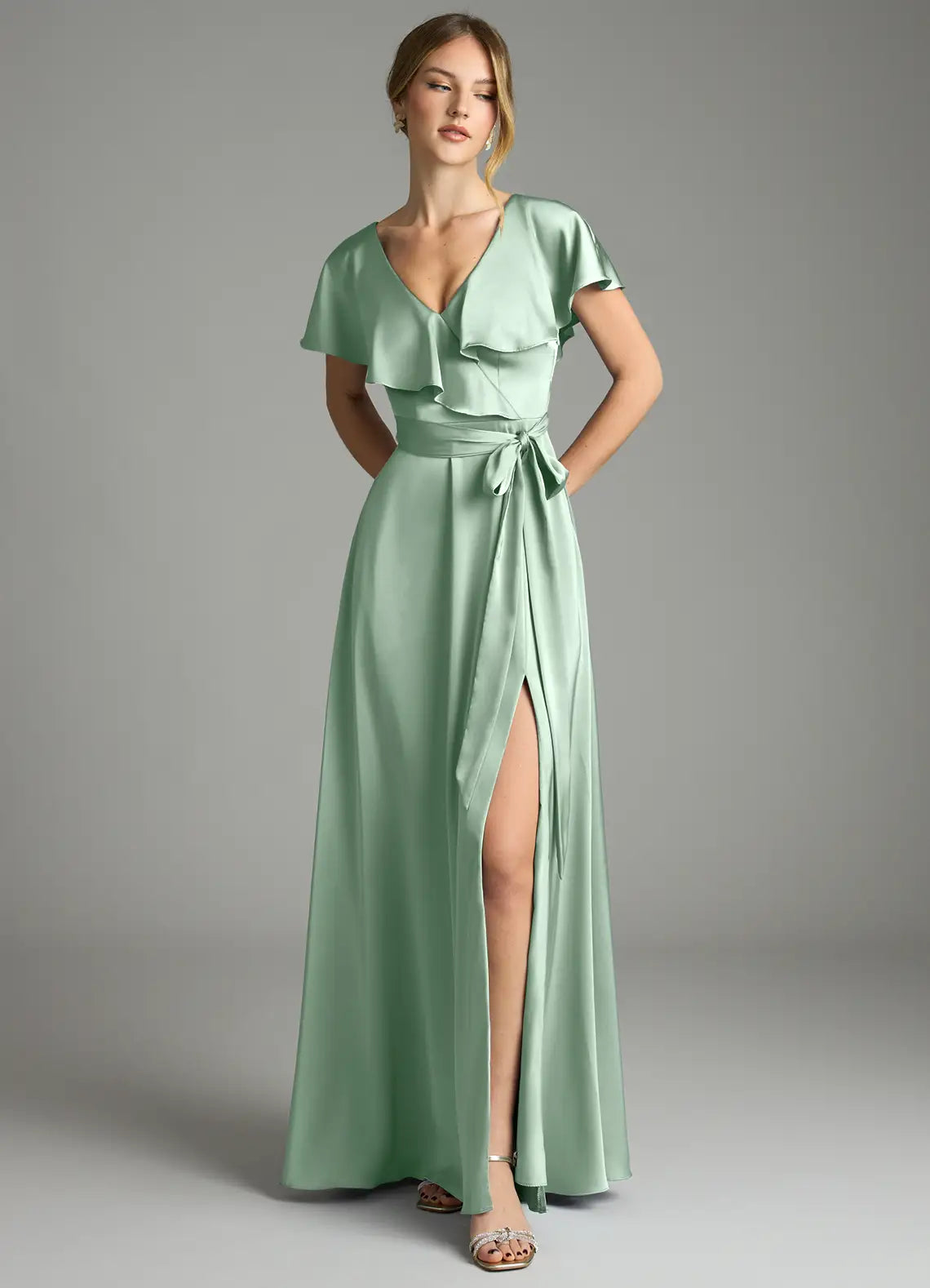Sage Ruffle Wrap V Neck Sash Tie High Slit Low V Back Maxi Satin Bridesmaid Dress