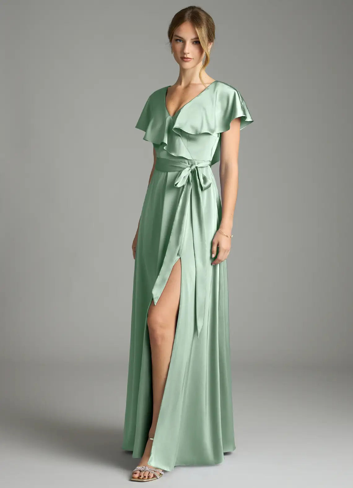 Sage Ruffle Wrap V Neck Sash Tie High Slit Low V Back Maxi Satin Bridesmaid Dress
