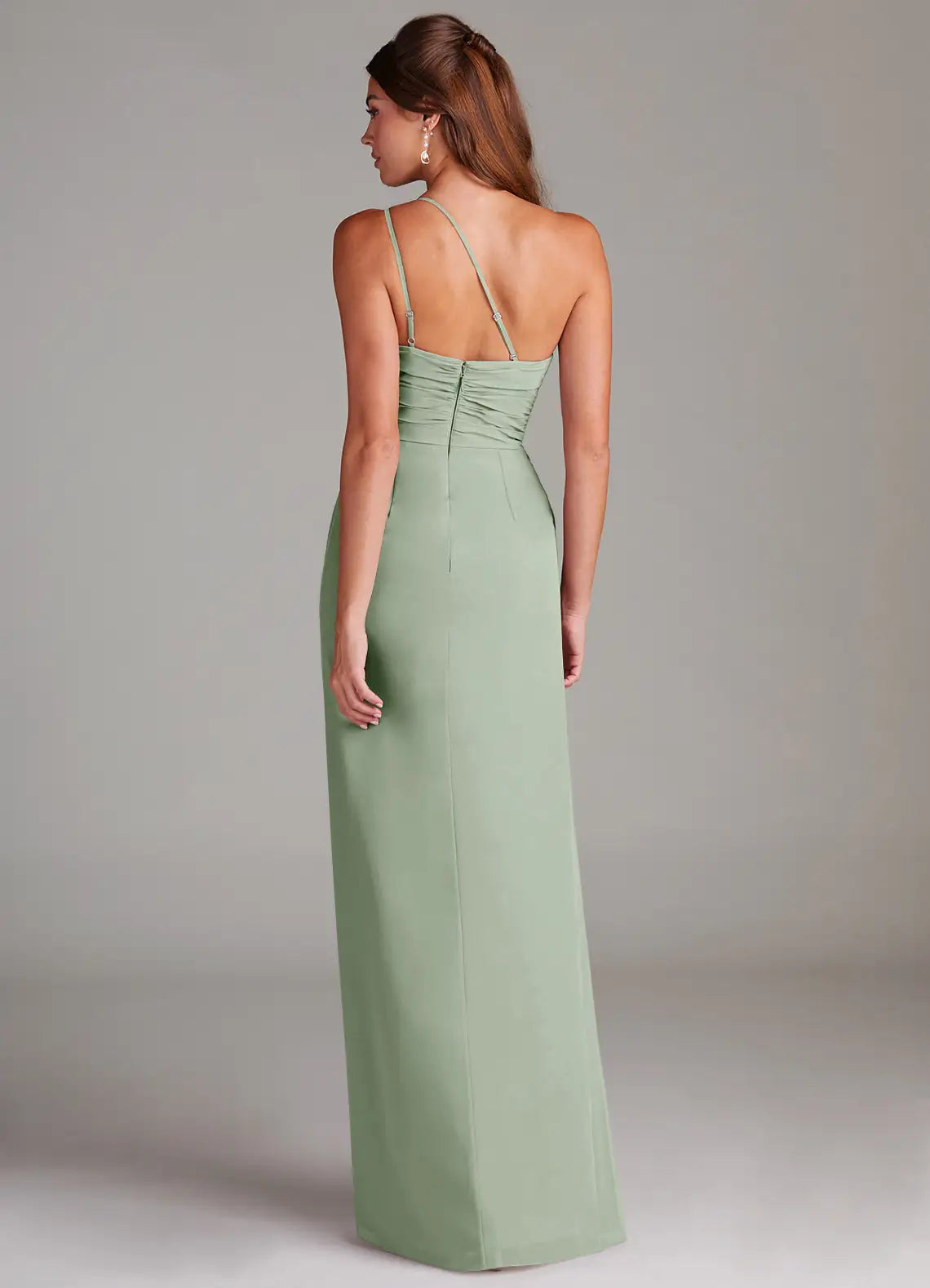 Sage Single Spaghetti Strap Asymmetric Ruched High Slit Mermaid Chiffon Maxi Bridesmaid Dress