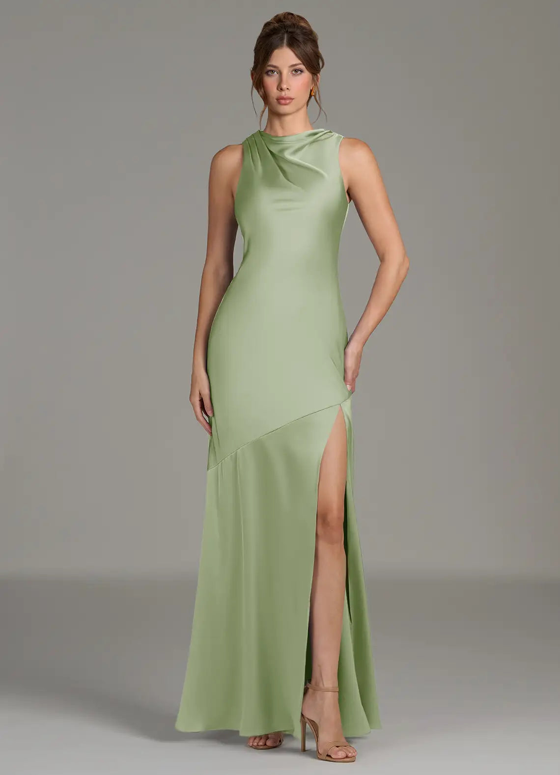 Sage Sleeveless Draped Mock Neck High Slit Mermaid Satin Maxi Bridesmaid Dress