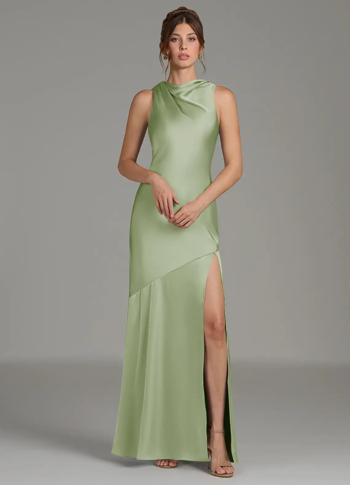 Sage Sleeveless Draped Mock Neck High Slit Mermaid Satin Maxi Bridesmaid Dress
