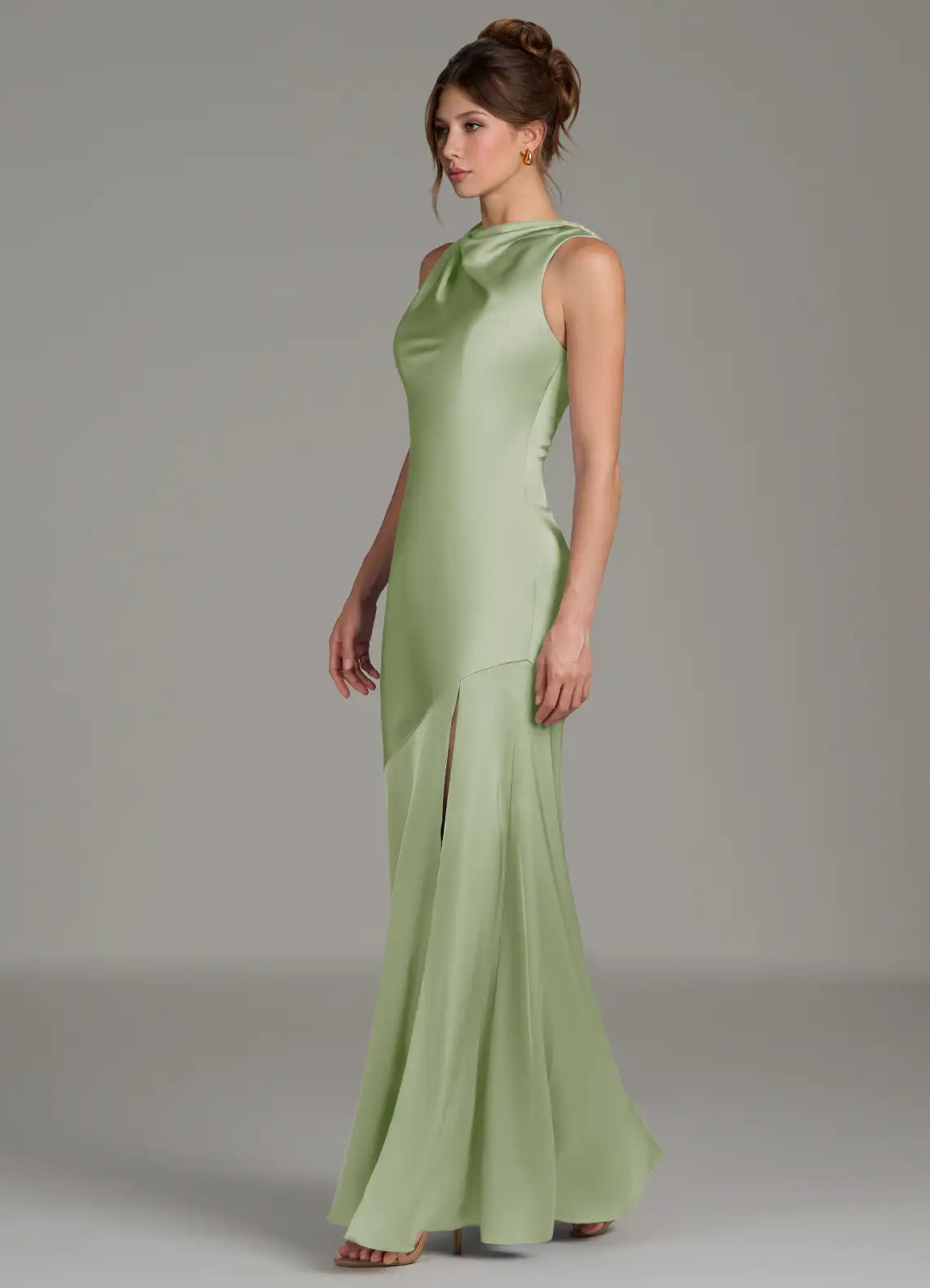 Sage Sleeveless Draped Mock Neck High Slit Mermaid Satin Maxi Bridesmaid Dress